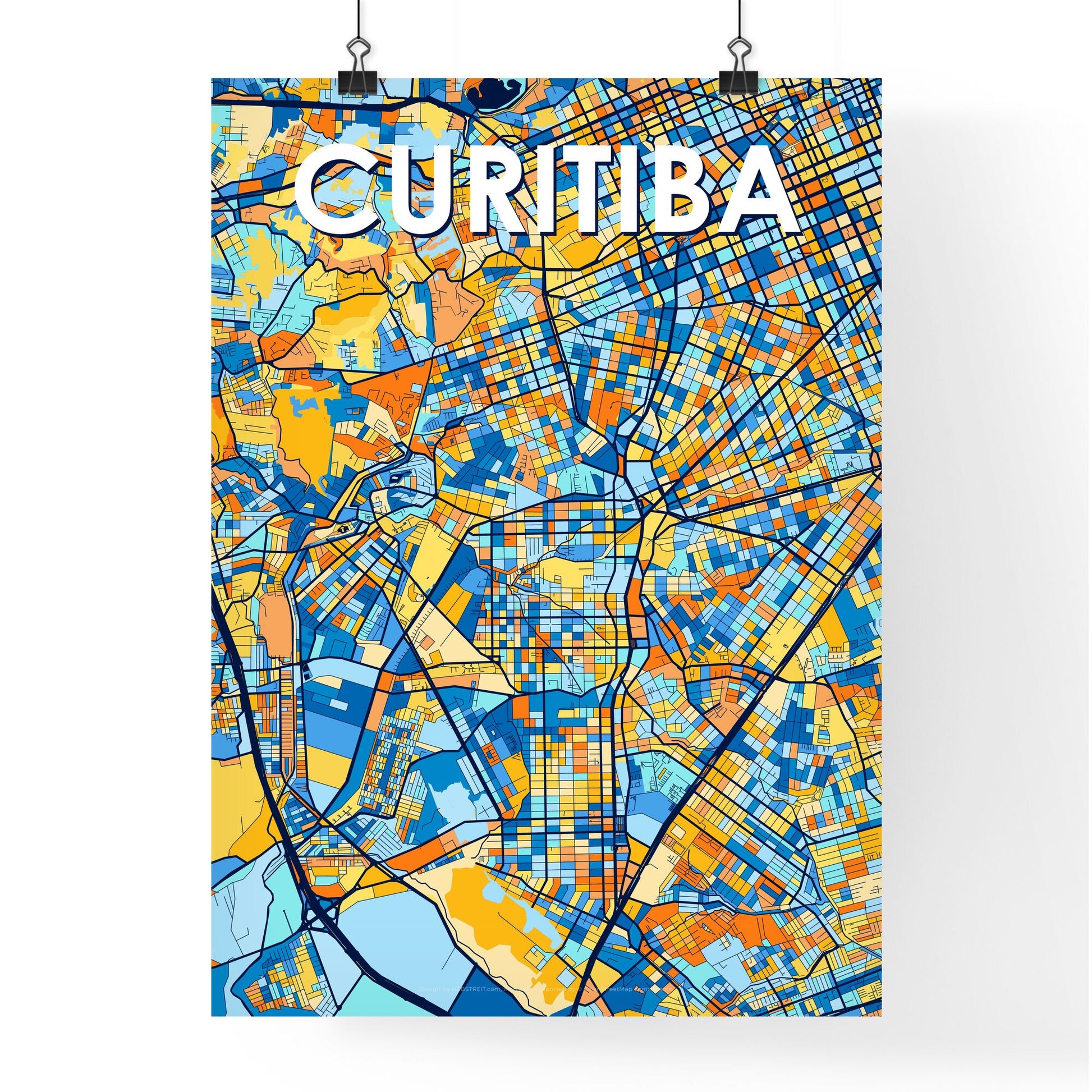 CURITIBA BRAZIL Vibrant Colorful Art Map Poster Blue Orange