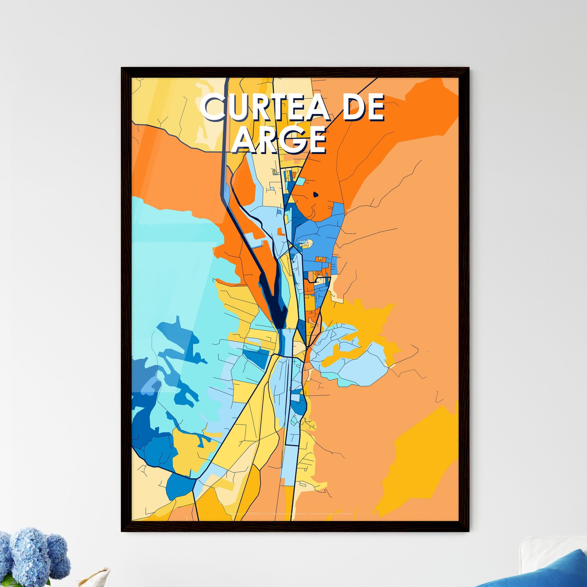 CURTEA DE ARGEȘ ROMANIA Vibrant Colorful Art Map Poster Blue Orange