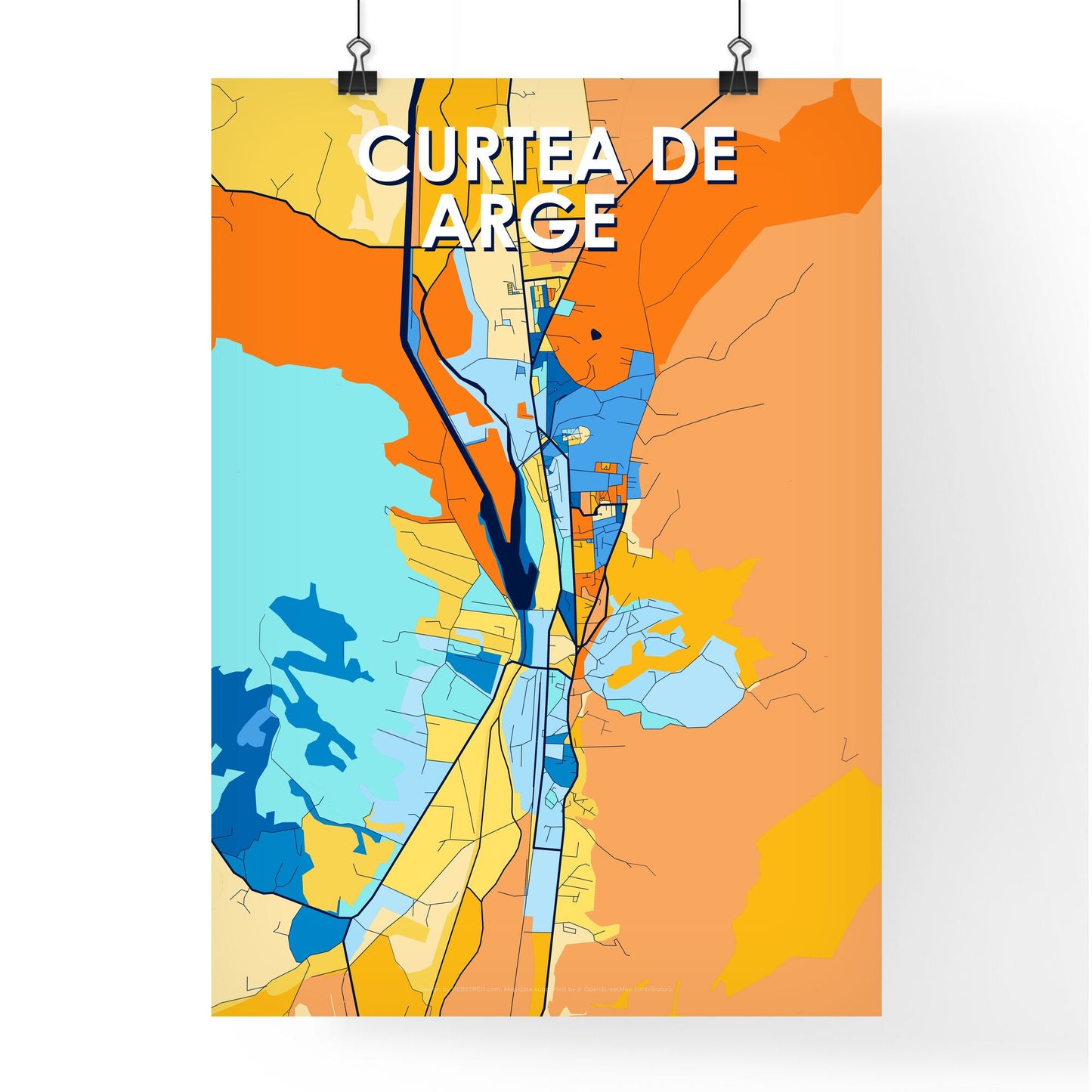 CURTEA DE ARGEȘ ROMANIA Vibrant Colorful Art Map Poster Blue Orange