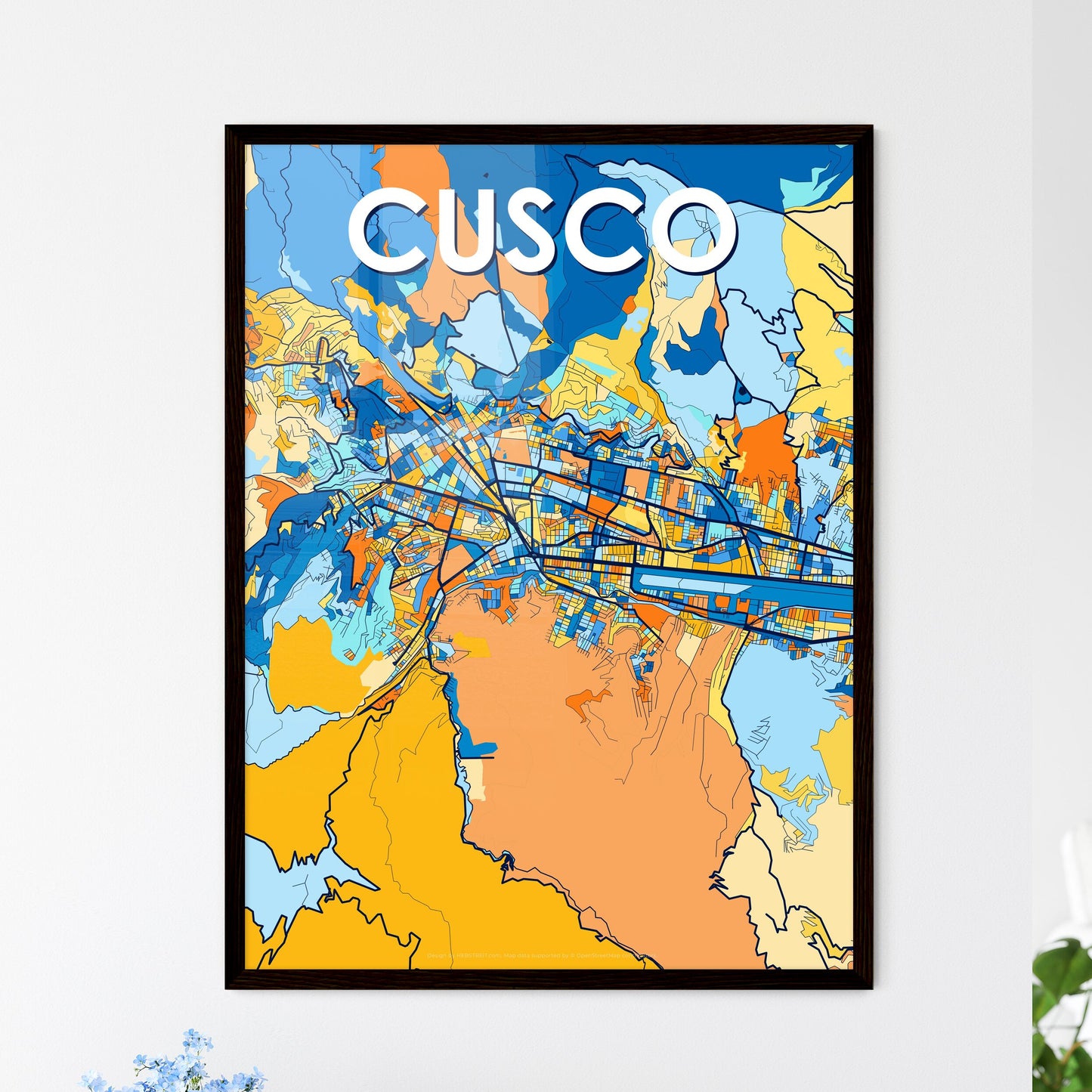 CUSCO PERU Vibrant Colorful Art Map Poster Blue Orange