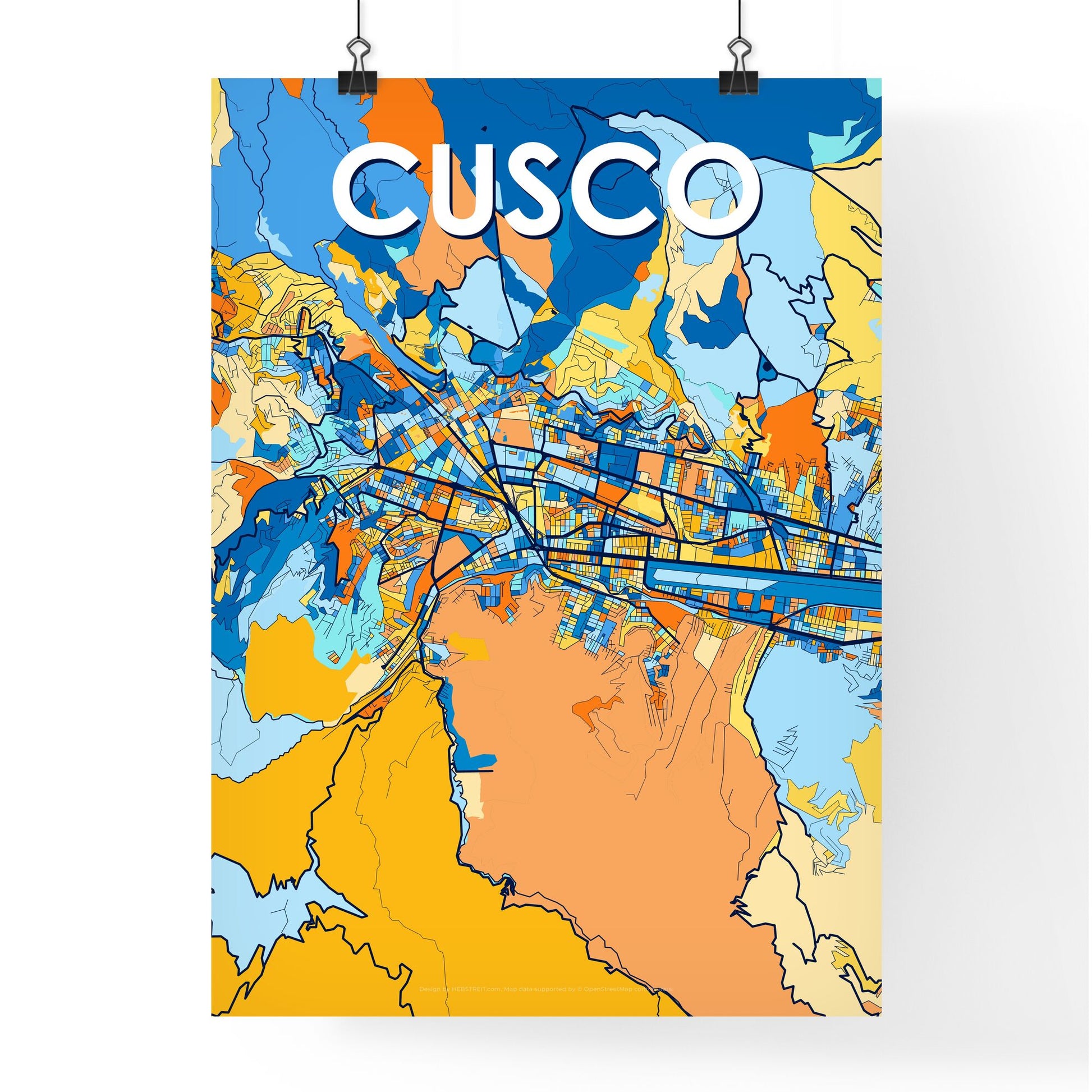 CUSCO PERU Vibrant Colorful Art Map Poster Blue Orange