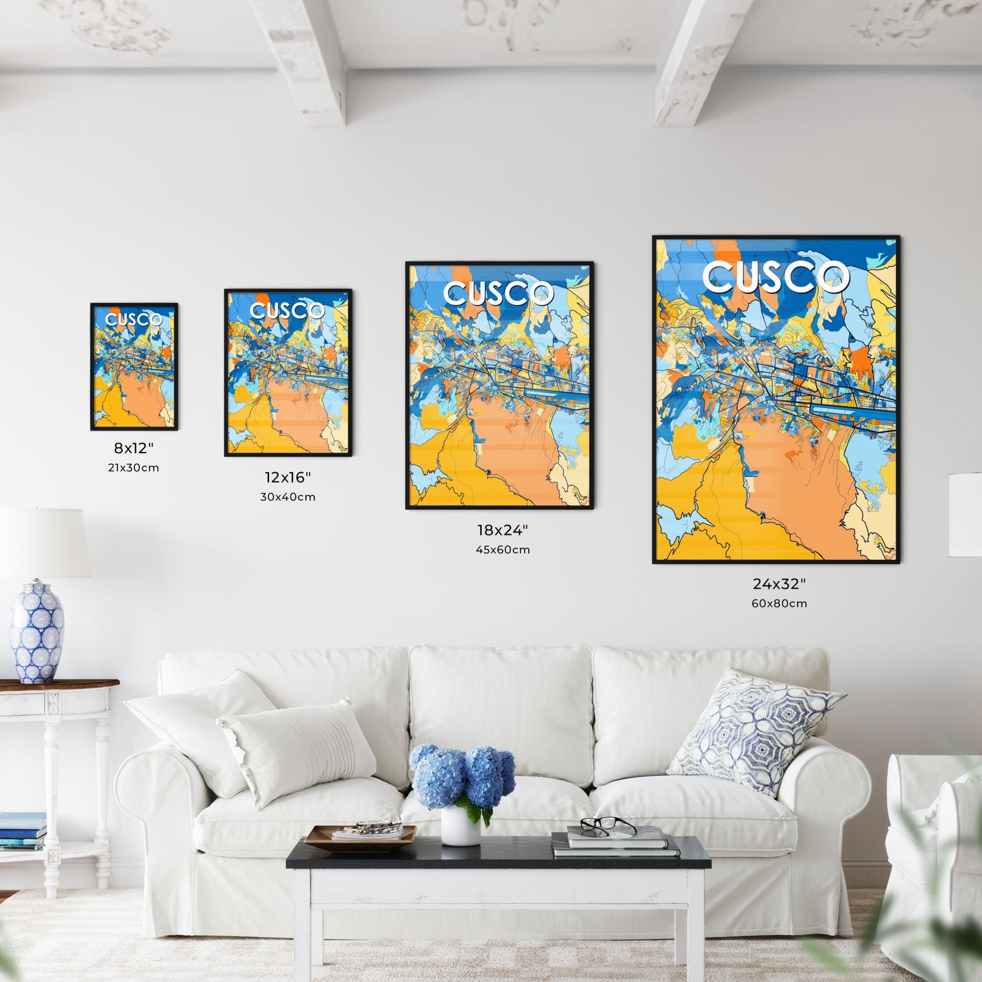 CUSCO PERU Vibrant Colorful Art Map Poster Blue Orange