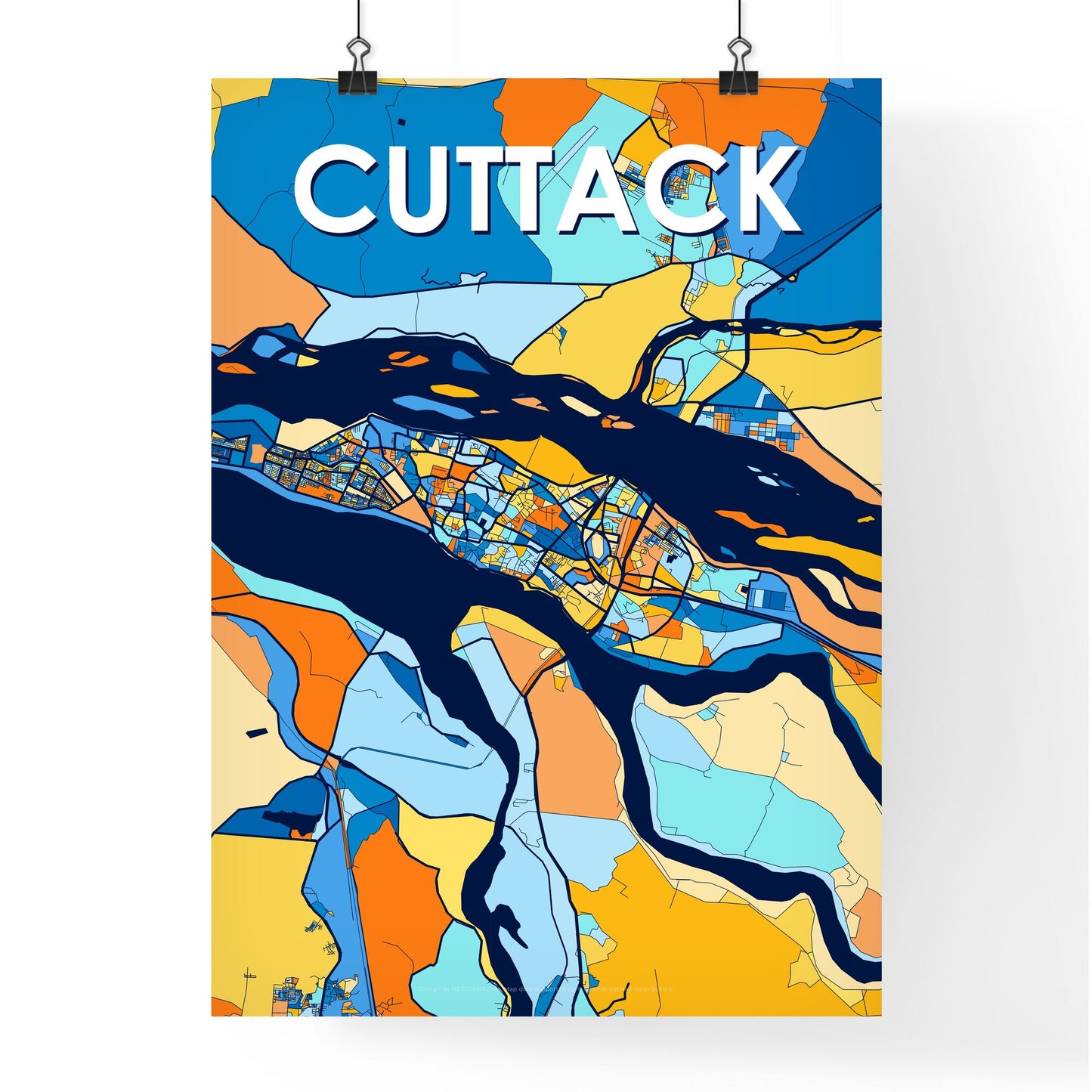 CUTTACK INDIA Vibrant Colorful Art Map Poster Blue Orange