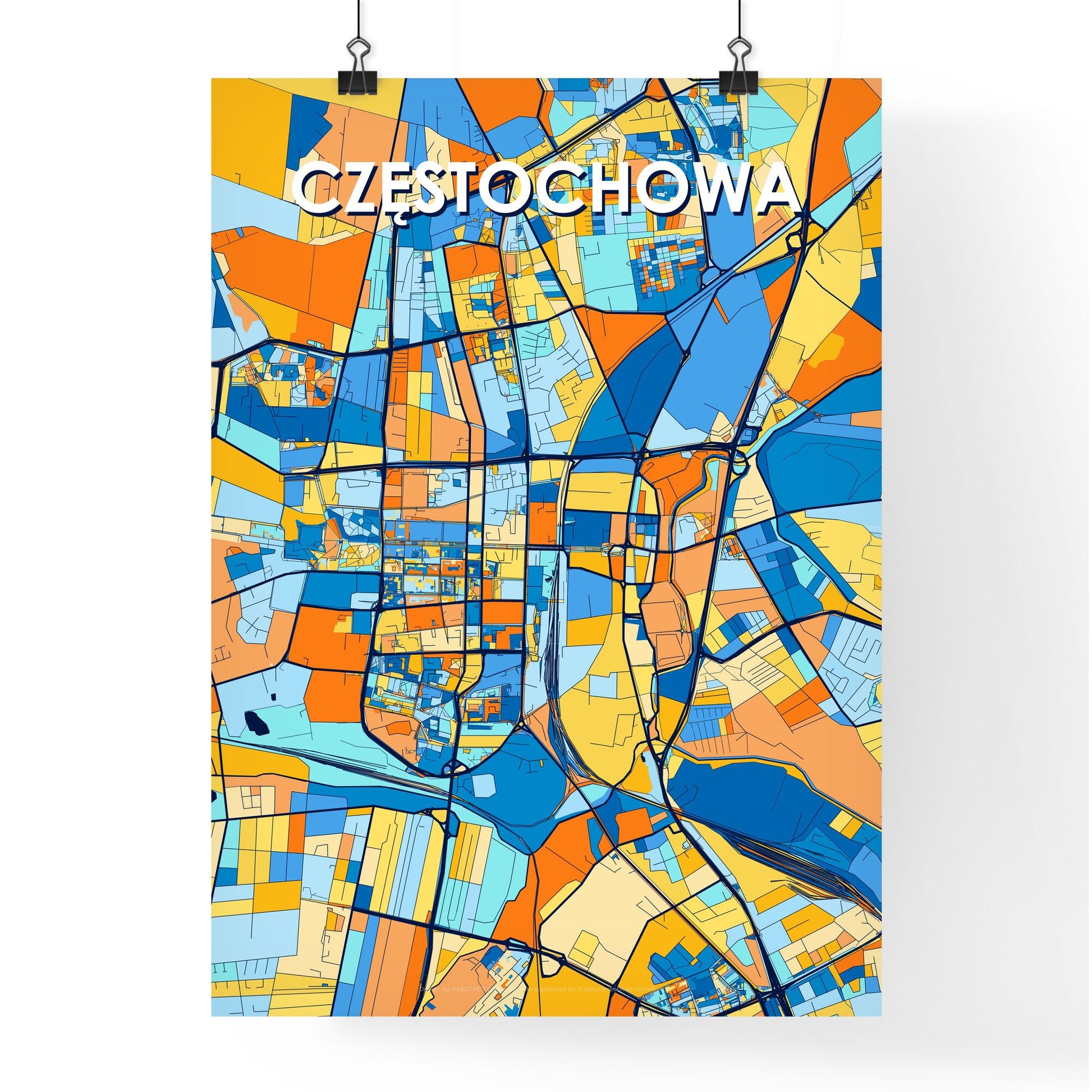 CZĘSTOCHOWA POLAND Vibrant Colorful Art Map Poster Blue Orange