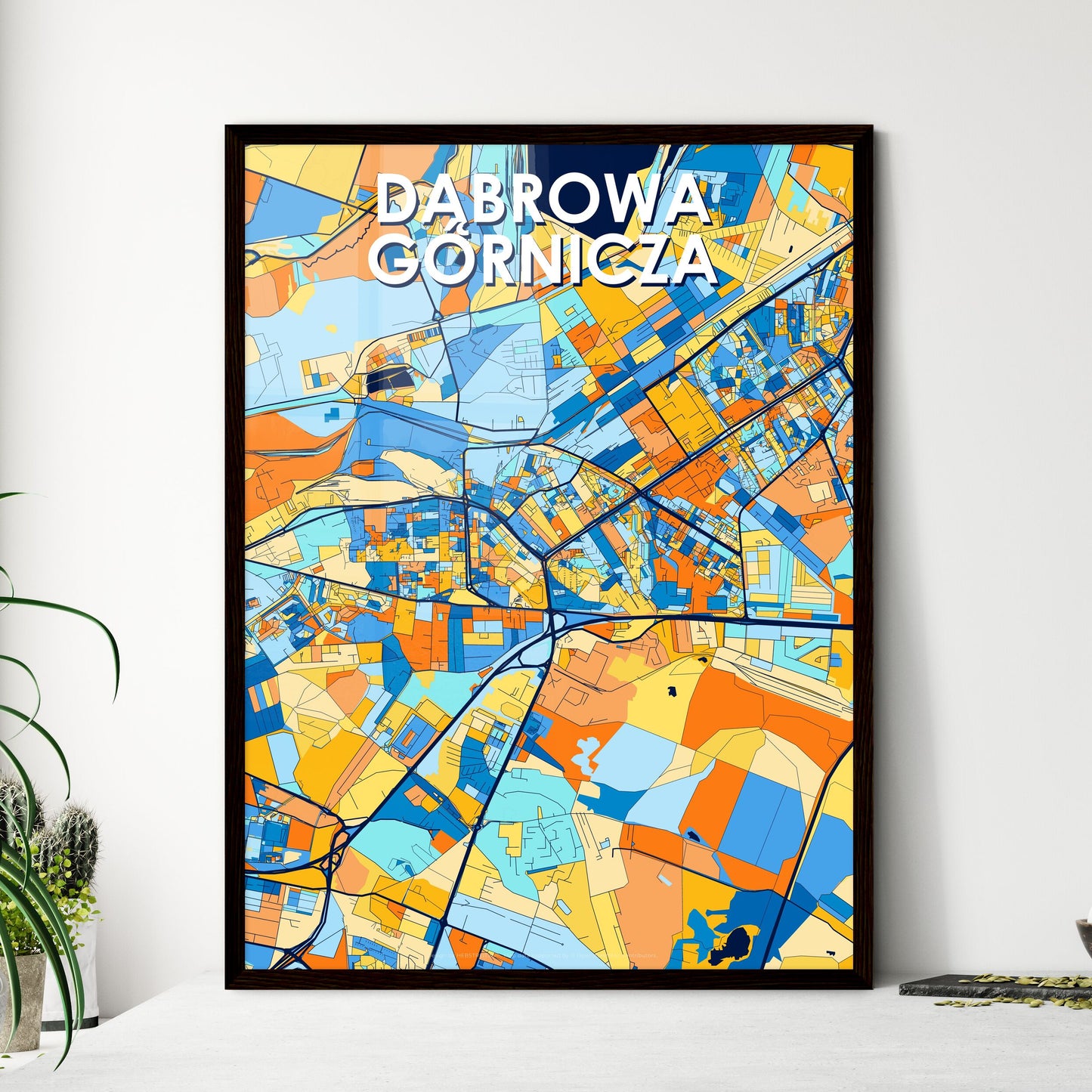 DĄBROWA GÓRNICZA POLAND Vibrant Colorful Art Map Poster Blue Orange