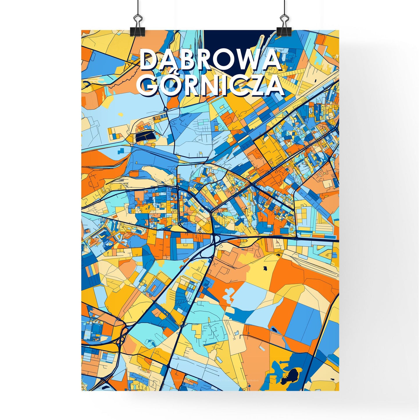 DĄBROWA GÓRNICZA POLAND Vibrant Colorful Art Map Poster Blue Orange