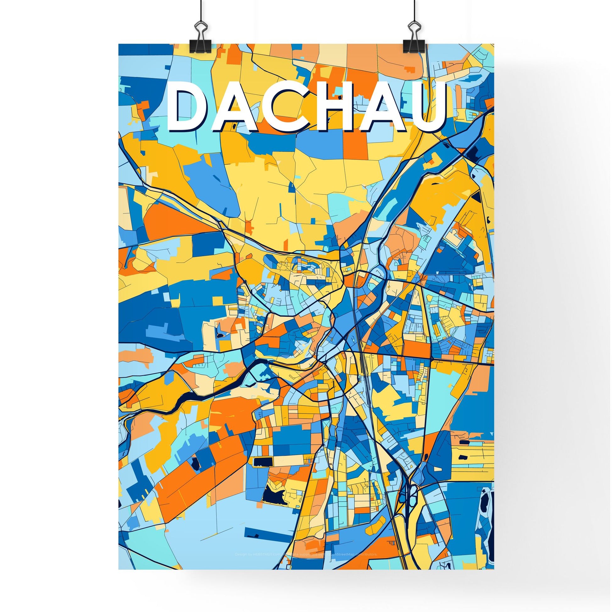 DACHAU GERMANY Vibrant Colorful Art Map Poster Blue Orange