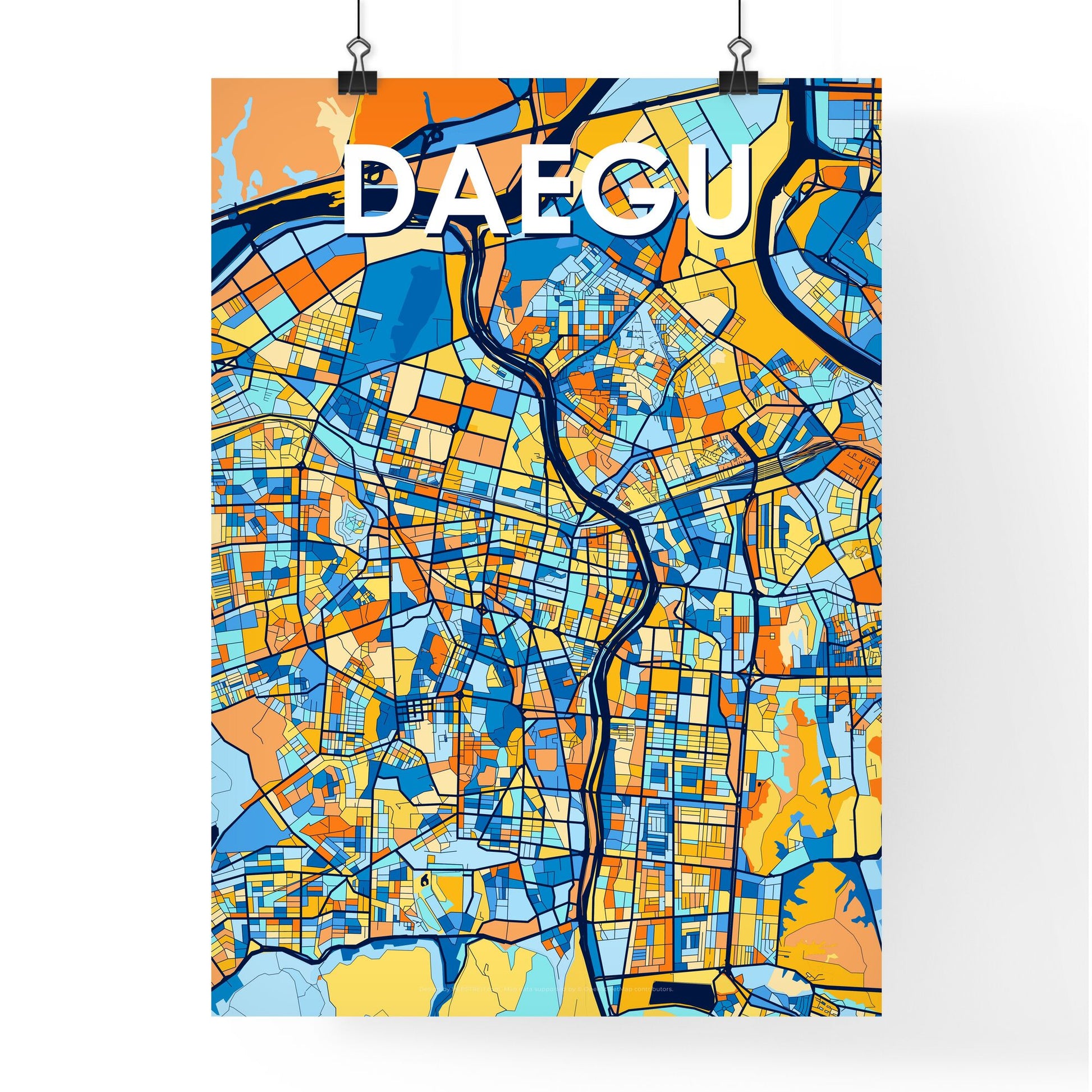 DAEGU SOUTH KOREA Vibrant Colorful Art Map Poster Blue Orange