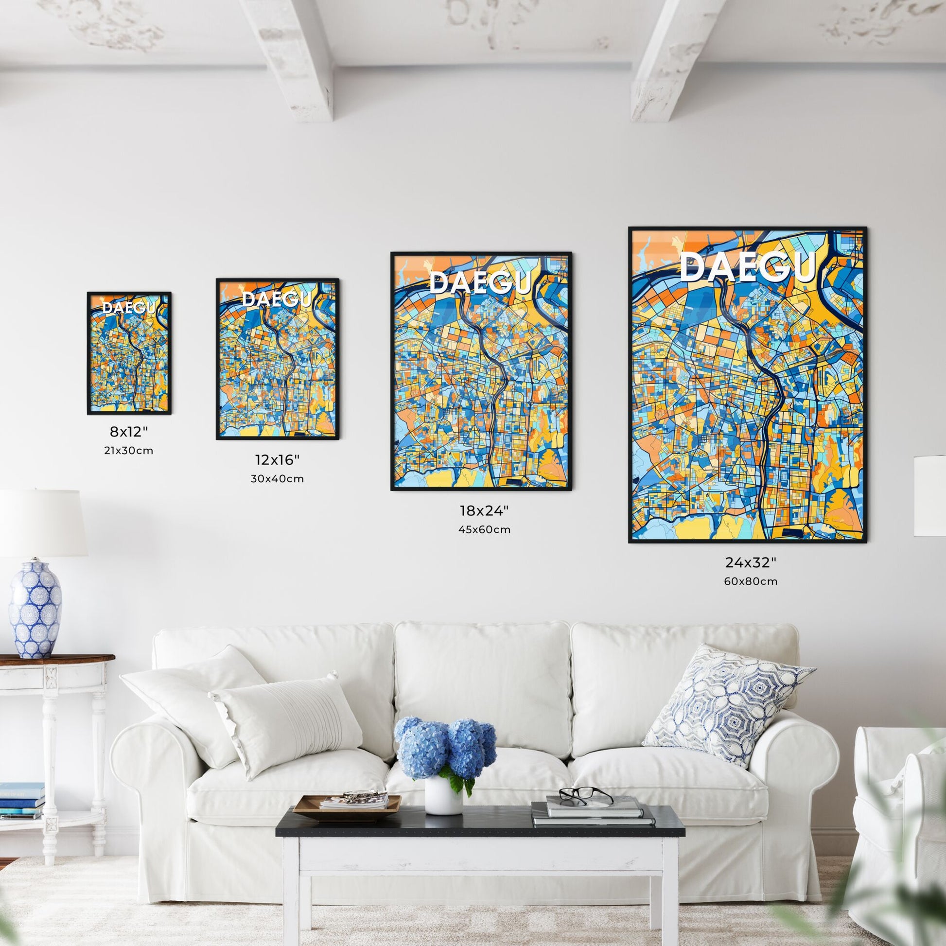 DAEGU SOUTH KOREA Vibrant Colorful Art Map Poster Blue Orange