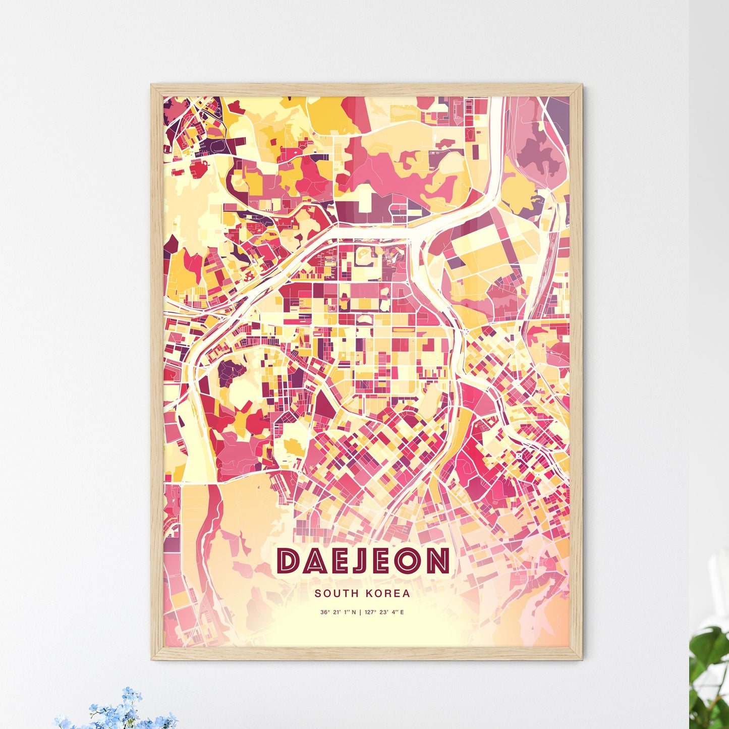 Colorful Daejeon South Korea Fine Art Map Hot Red