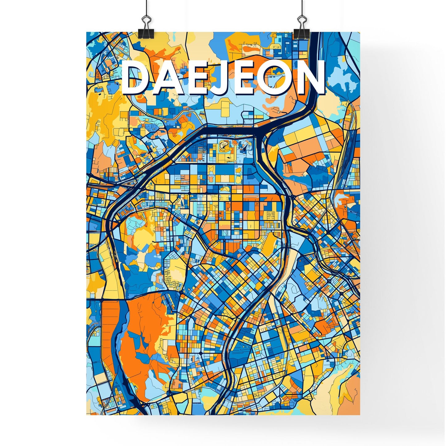 DAEJEON SOUTH KOREA Vibrant Colorful Art Map Poster Blue Orange