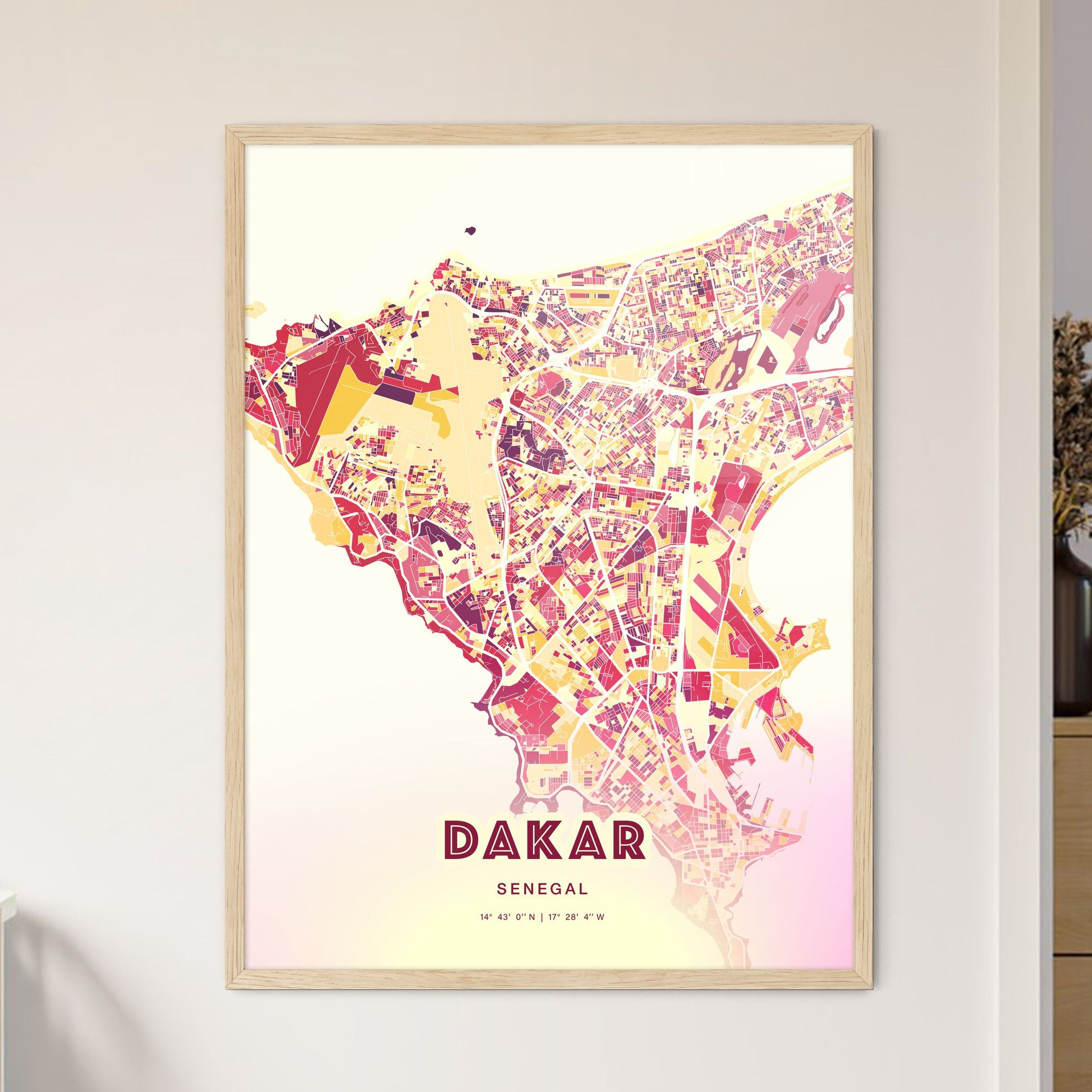 Colorful Dakar Senegal Fine Art Map Hot Red