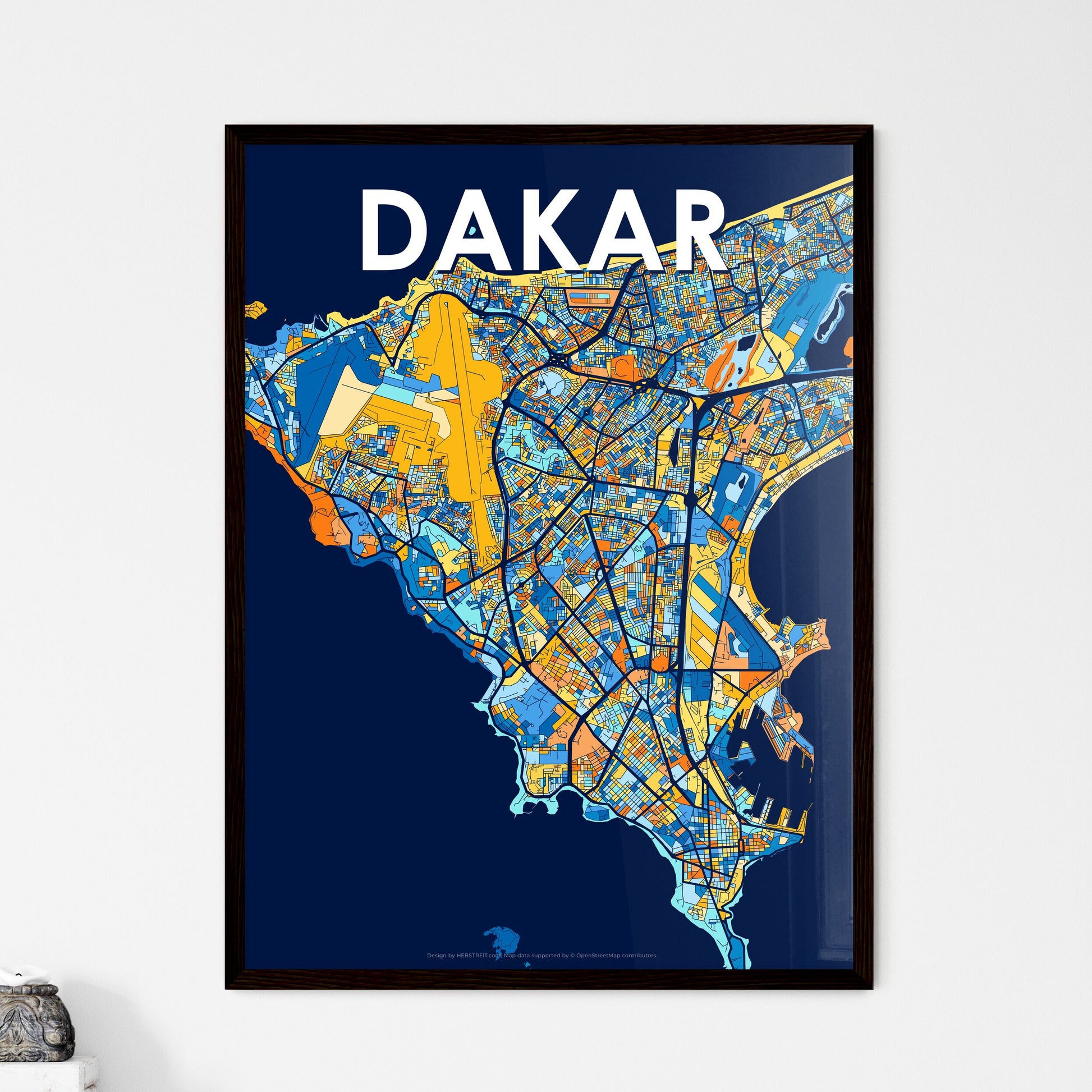 DAKAR SENEGAL Vibrant Colorful Art Map Poster Blue Orange