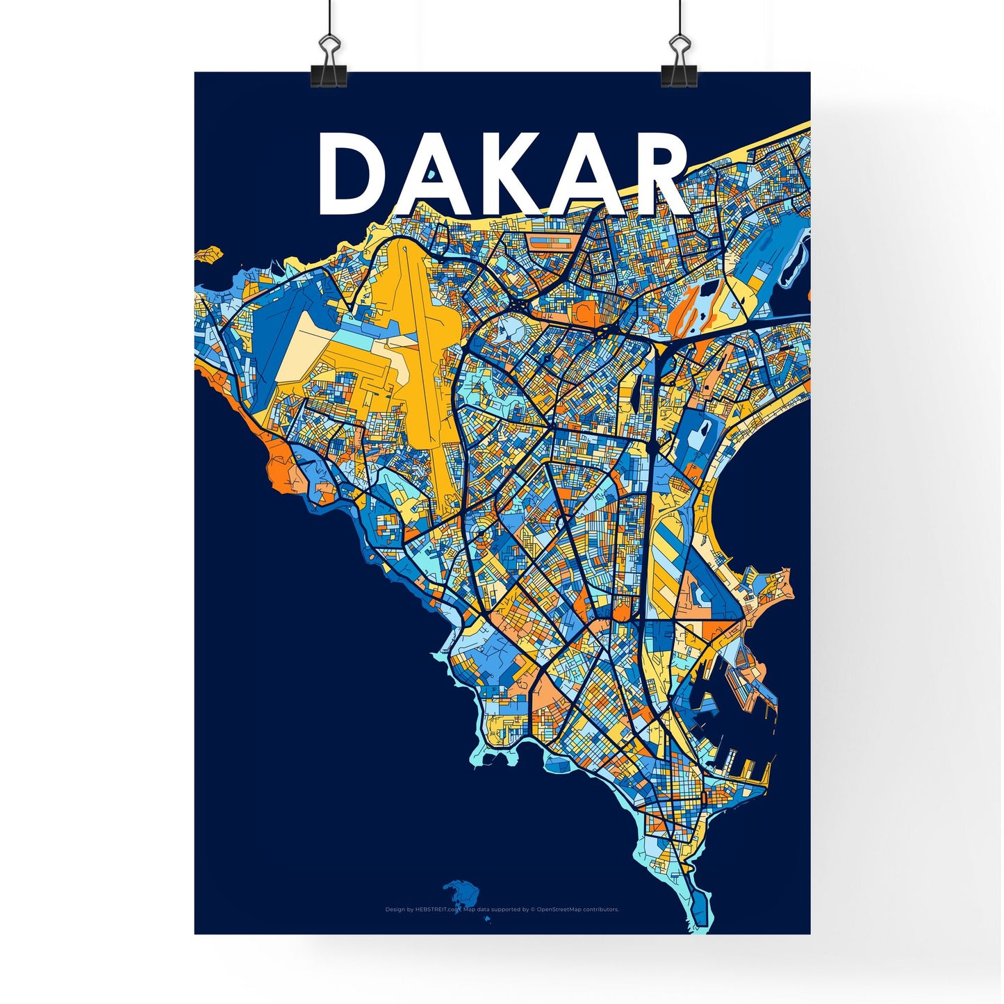 DAKAR SENEGAL Vibrant Colorful Art Map Poster Blue Orange