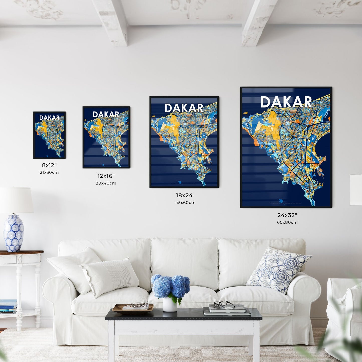 DAKAR SENEGAL Vibrant Colorful Art Map Poster Blue Orange