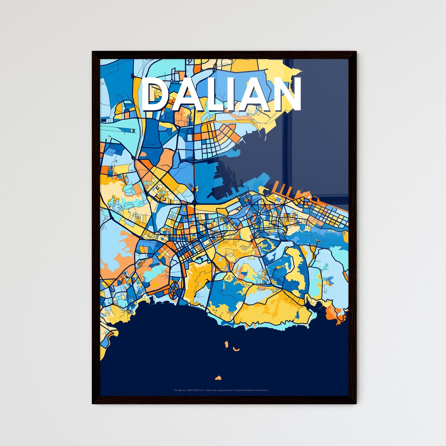 DALIAN CHINA Vibrant Colorful Art Map Poster Blue Orange