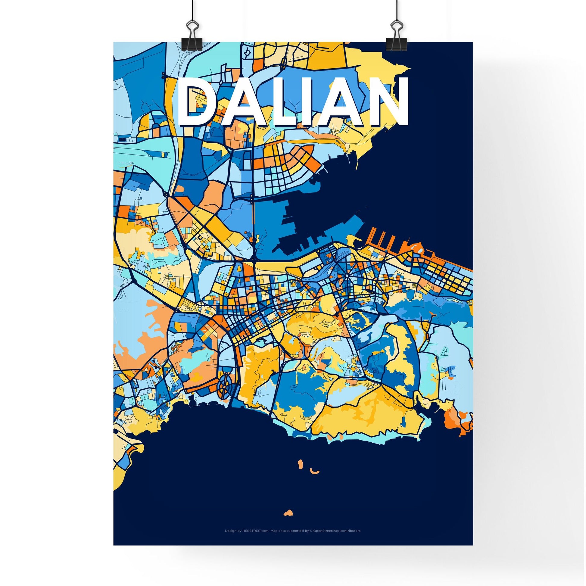 DALIAN CHINA Vibrant Colorful Art Map Poster Blue Orange