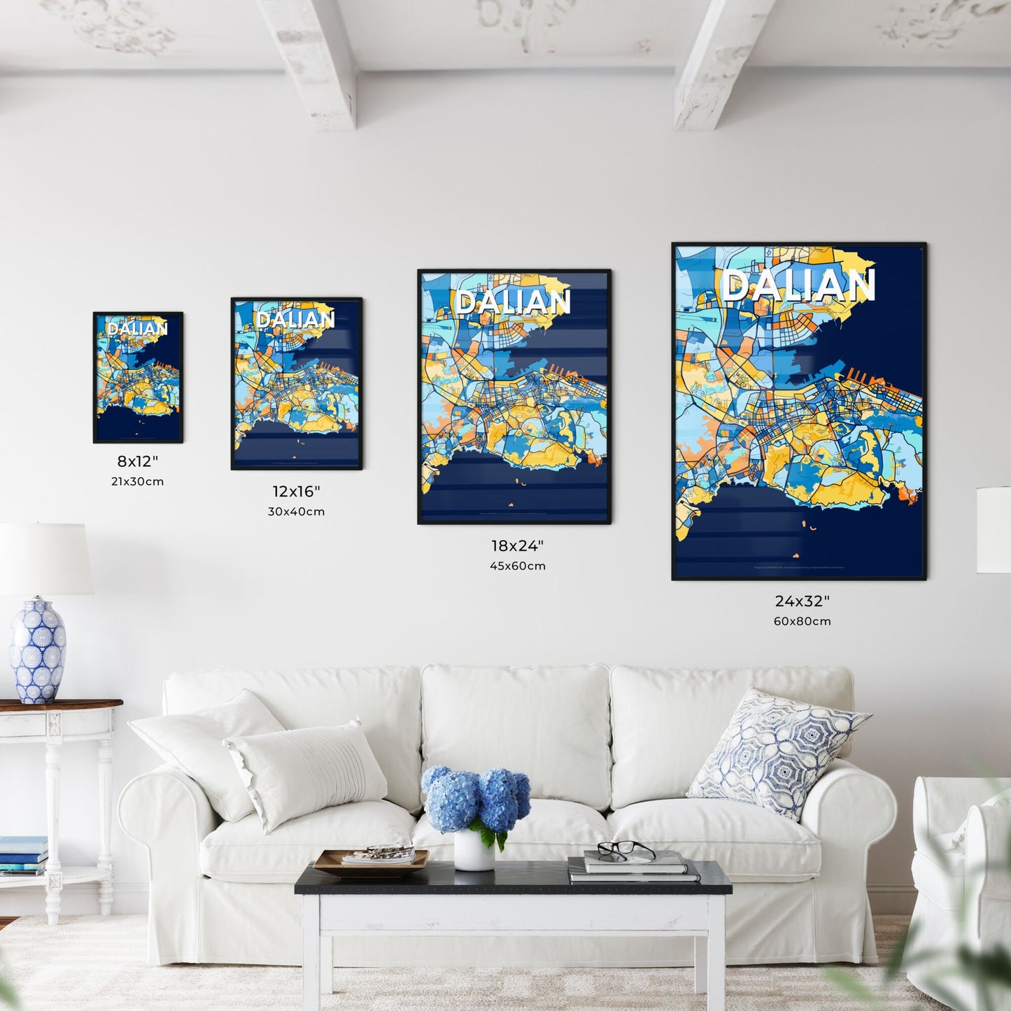 DALIAN CHINA Vibrant Colorful Art Map Poster Blue Orange