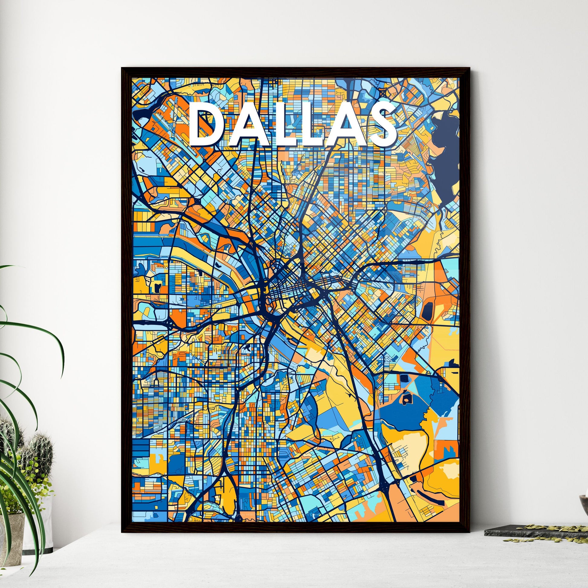 DALLAS TEXAS Vibrant Colorful Art Map Poster Blue Orange