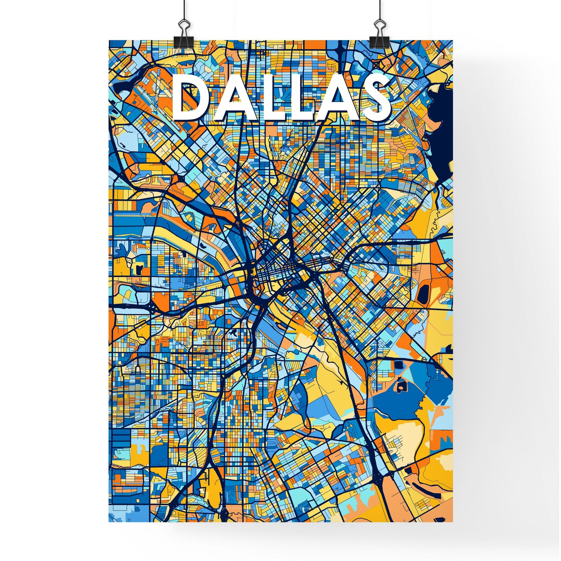 DALLAS TEXAS Vibrant Colorful Art Map Poster Blue Orange