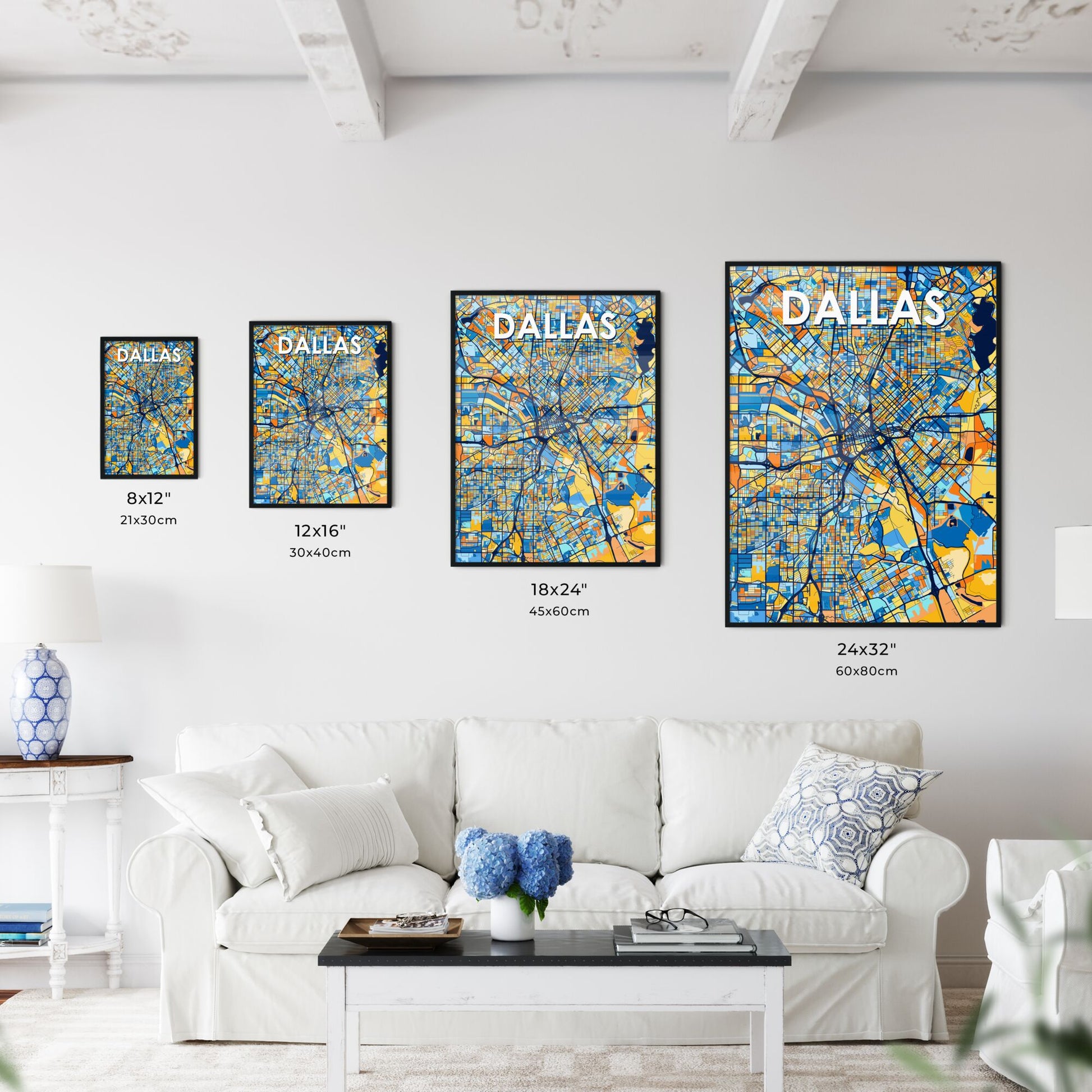 DALLAS TEXAS Vibrant Colorful Art Map Poster Blue Orange