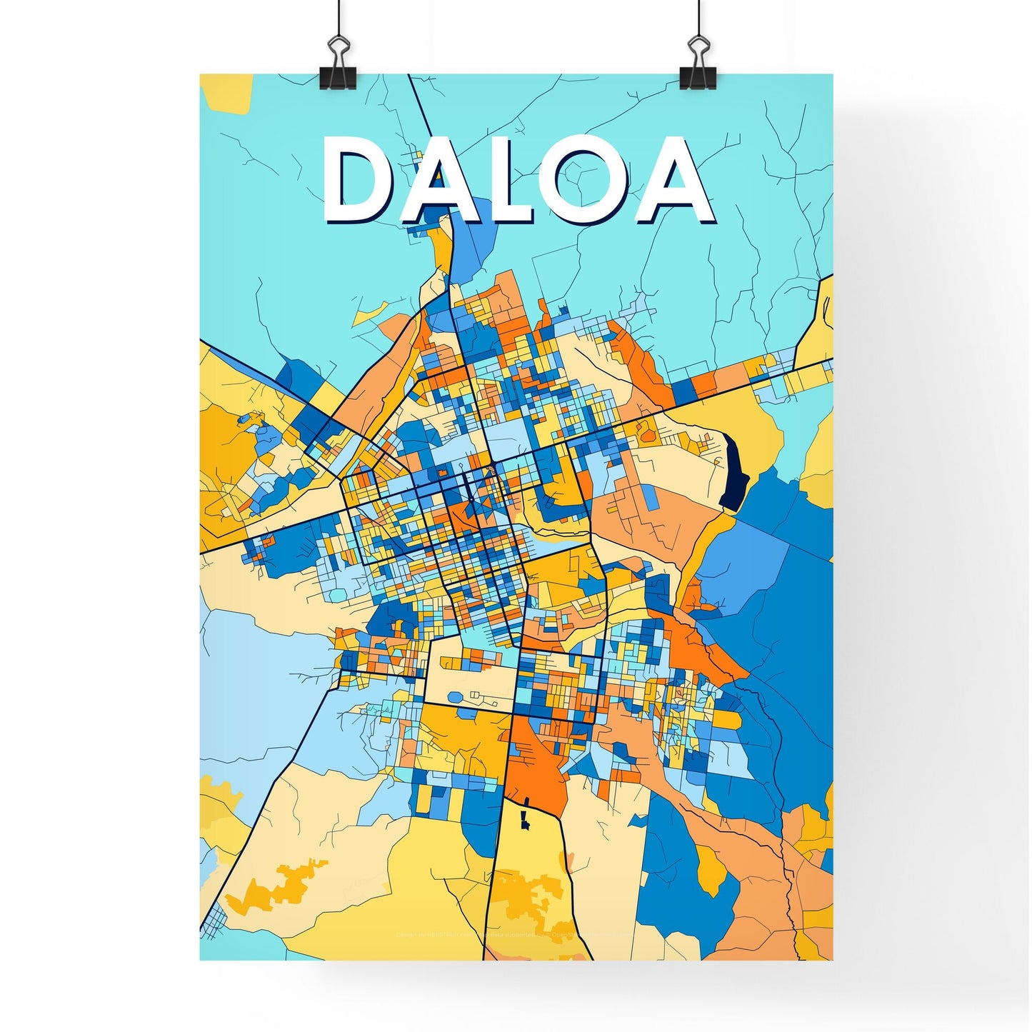 DALOA IVORY COAST Vibrant Colorful Art Map Poster Blue Orange