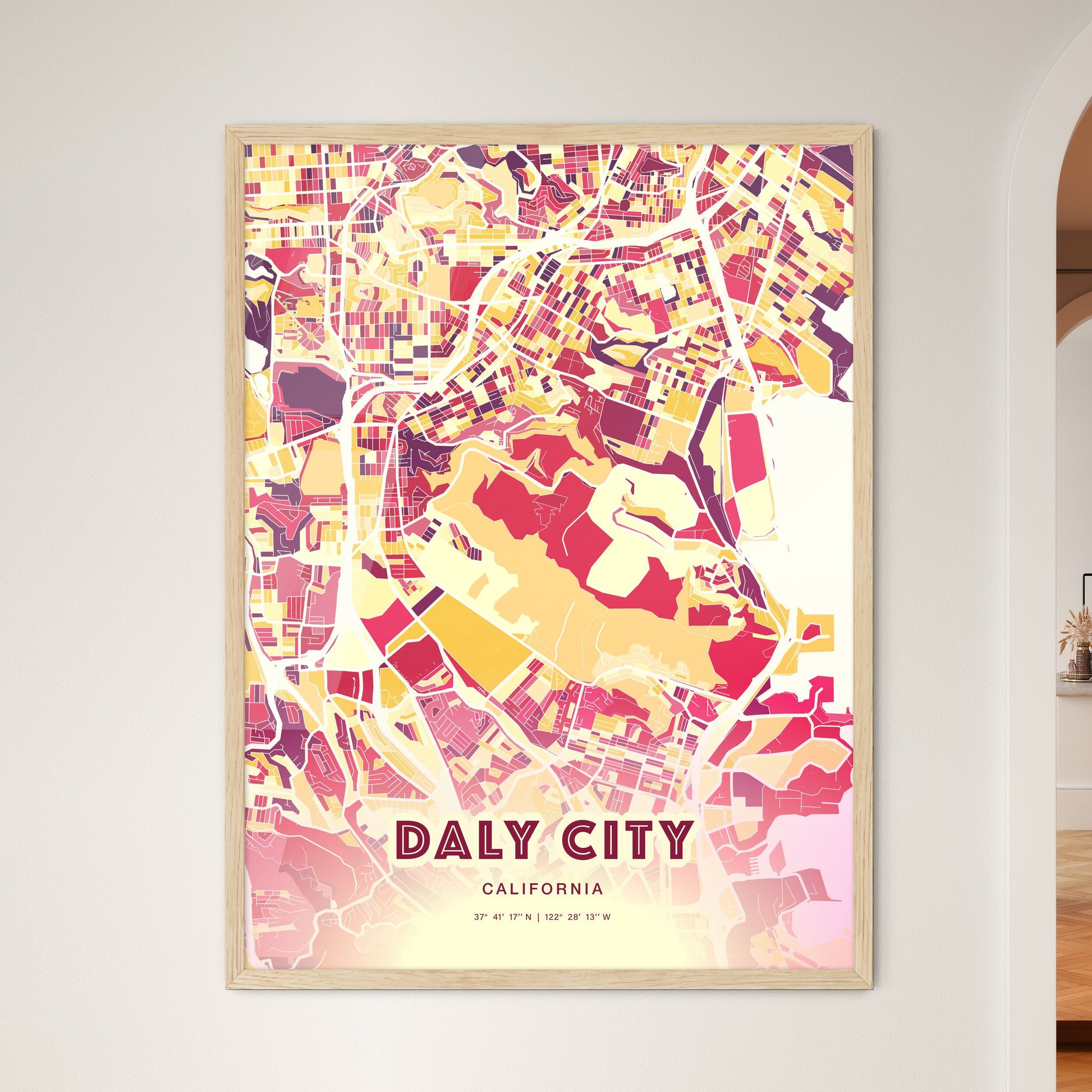 Colorful Daly City California Fine Art Map Hot Red
