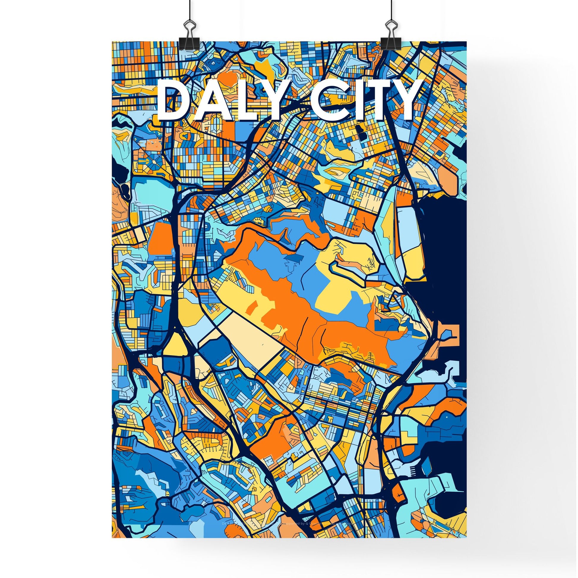 DALY CITY CALIFORNIA Vibrant Colorful Art Map Poster Blue Orange