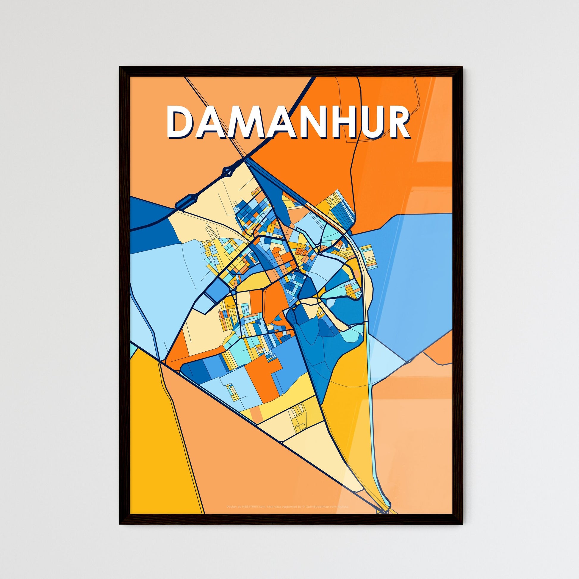 DAMANHUR EGYPT Vibrant Colorful Art Map Poster Blue Orange