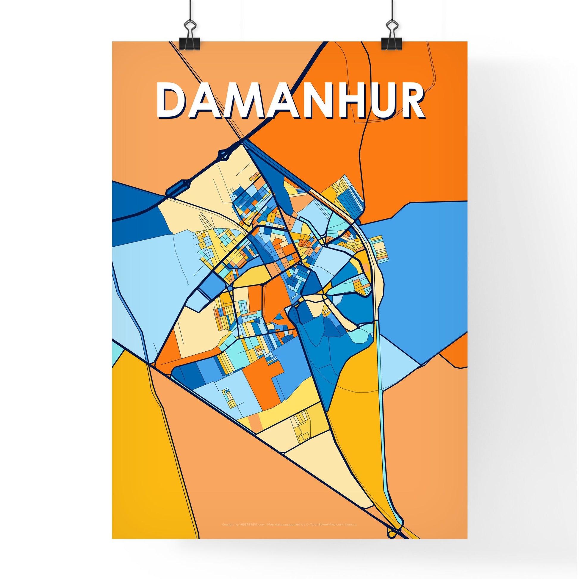 DAMANHUR EGYPT Vibrant Colorful Art Map Poster Blue Orange