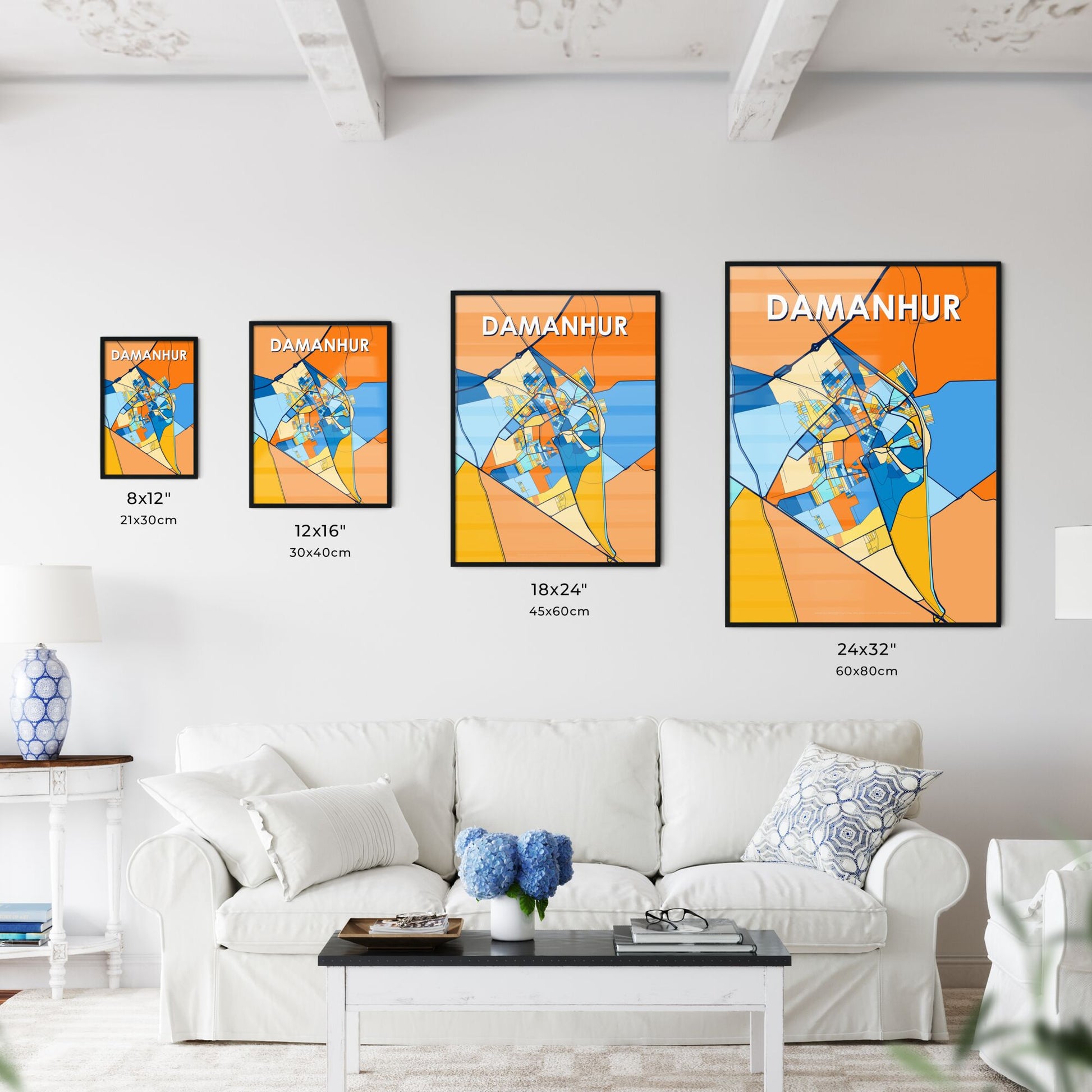 DAMANHUR EGYPT Vibrant Colorful Art Map Poster Blue Orange