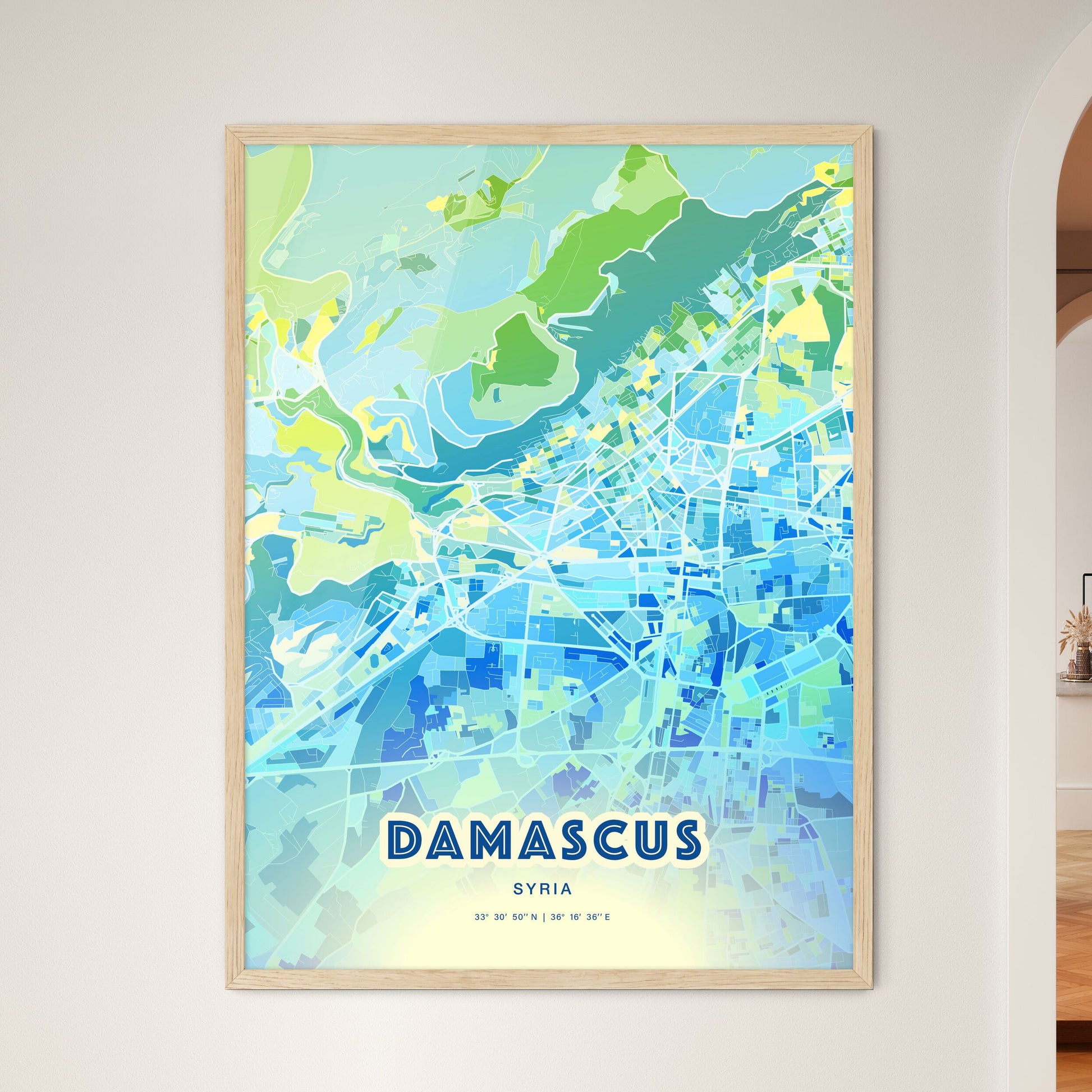 Colorful Damascus Syria Fine Art Map Cool Blue