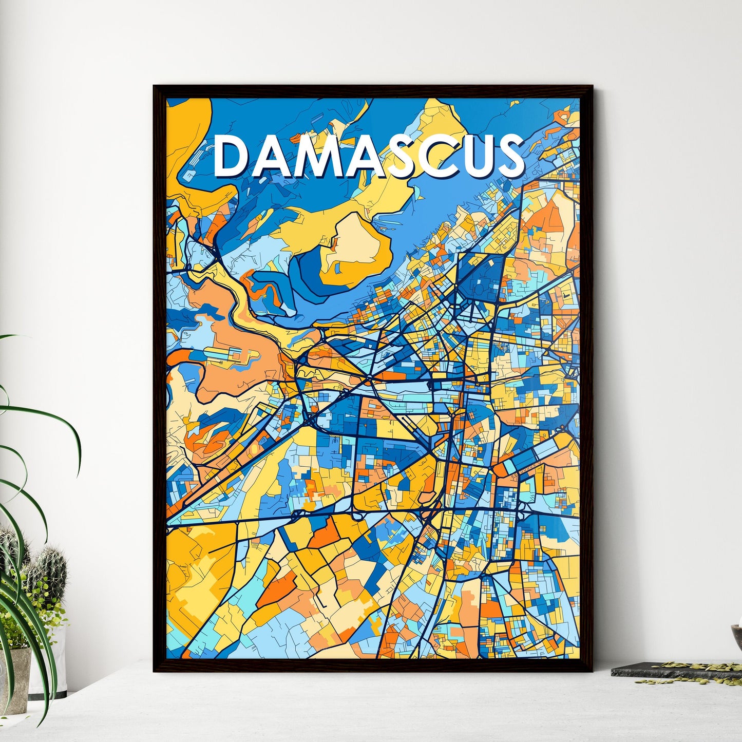 DAMASCUS SYRIA Vibrant Colorful Art Map Poster Blue Orange