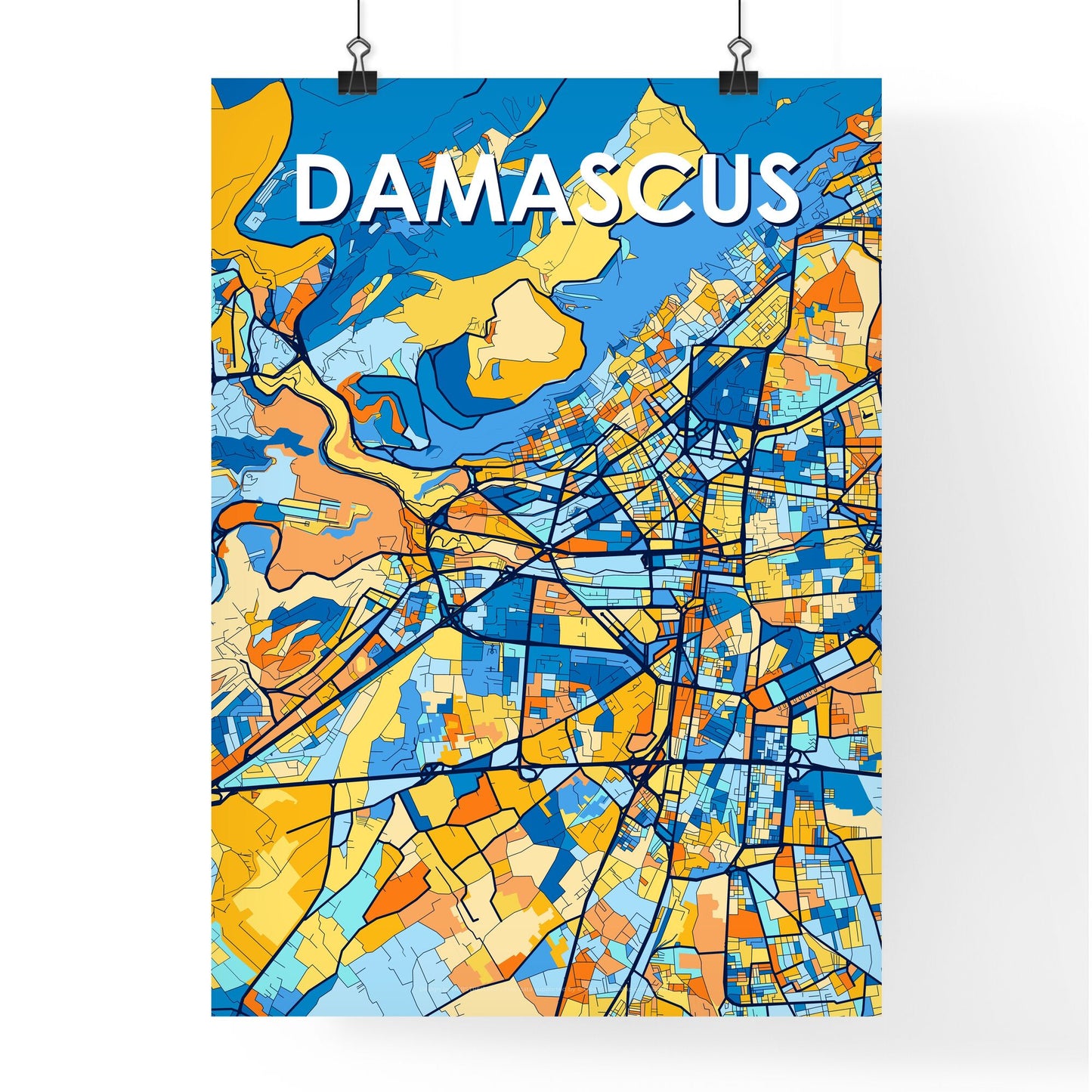 DAMASCUS SYRIA Vibrant Colorful Art Map Poster Blue Orange