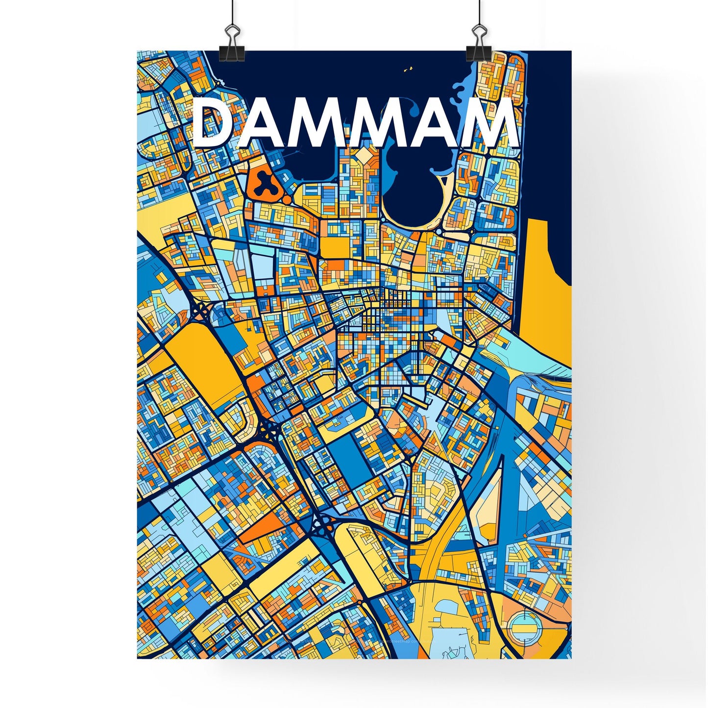 DAMMAM SAUDI ARABIA Vibrant Colorful Art Map Poster Blue Orange