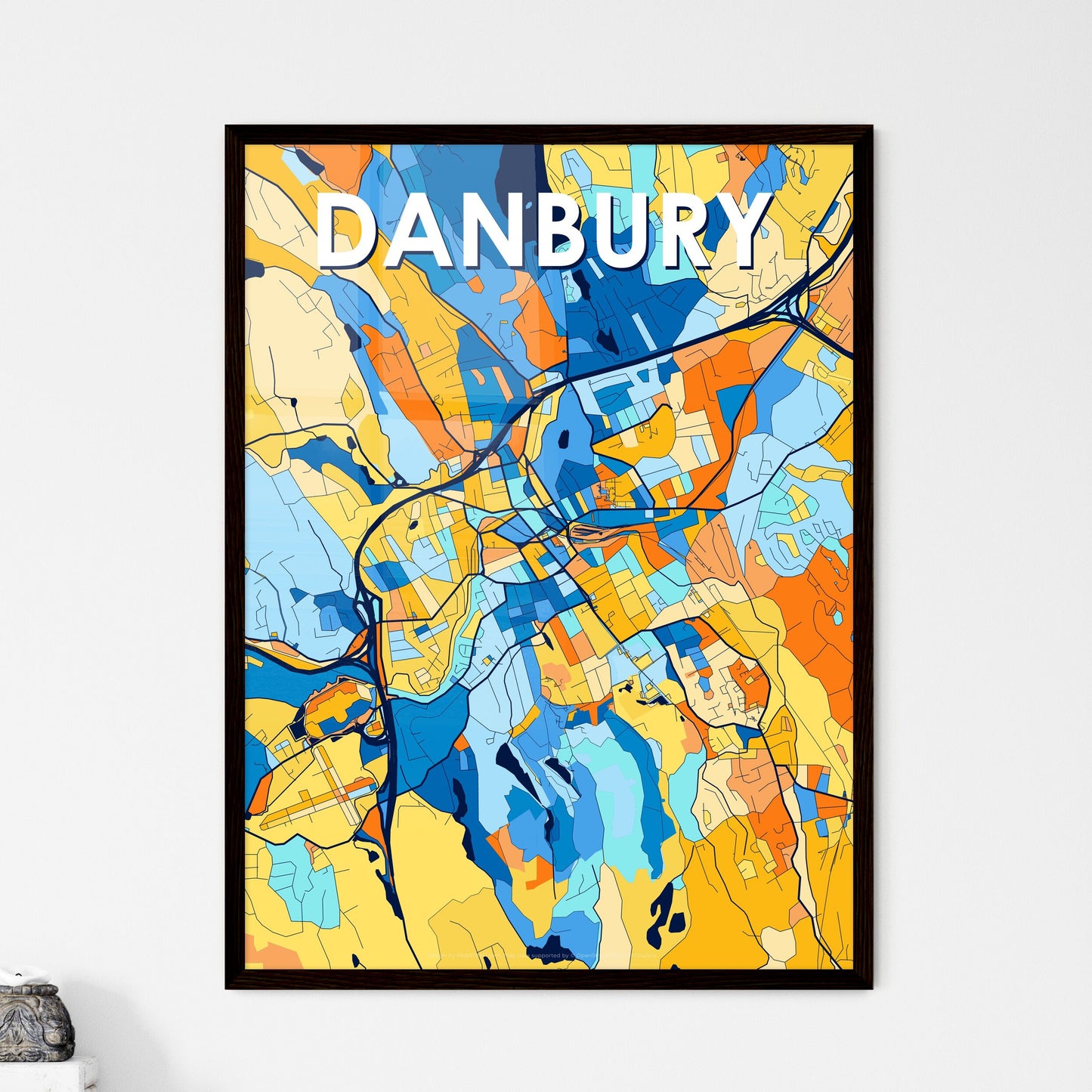 DANBURY CONNECTICUT Vibrant Colorful Art Map Poster Blue Orange