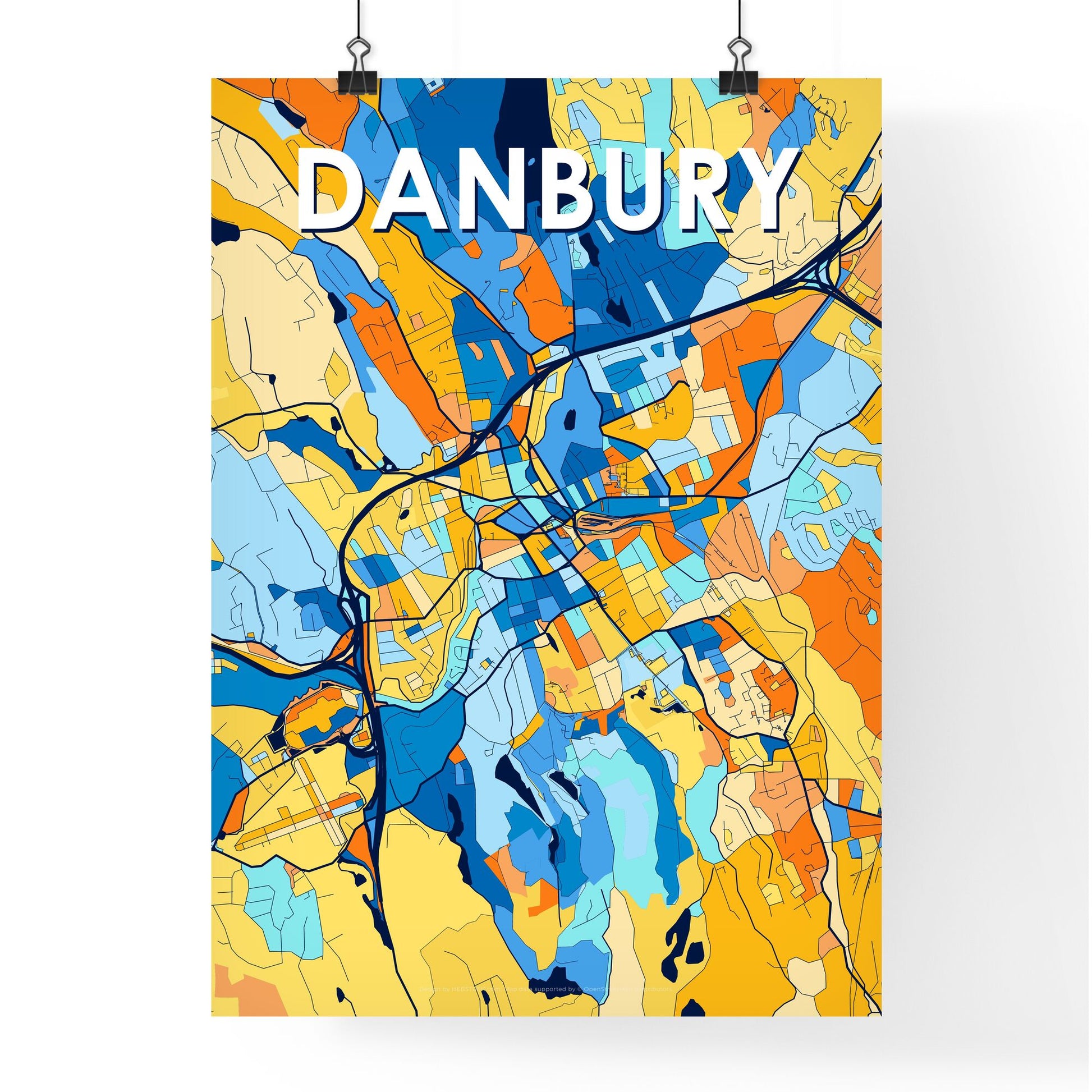 DANBURY CONNECTICUT Vibrant Colorful Art Map Poster Blue Orange