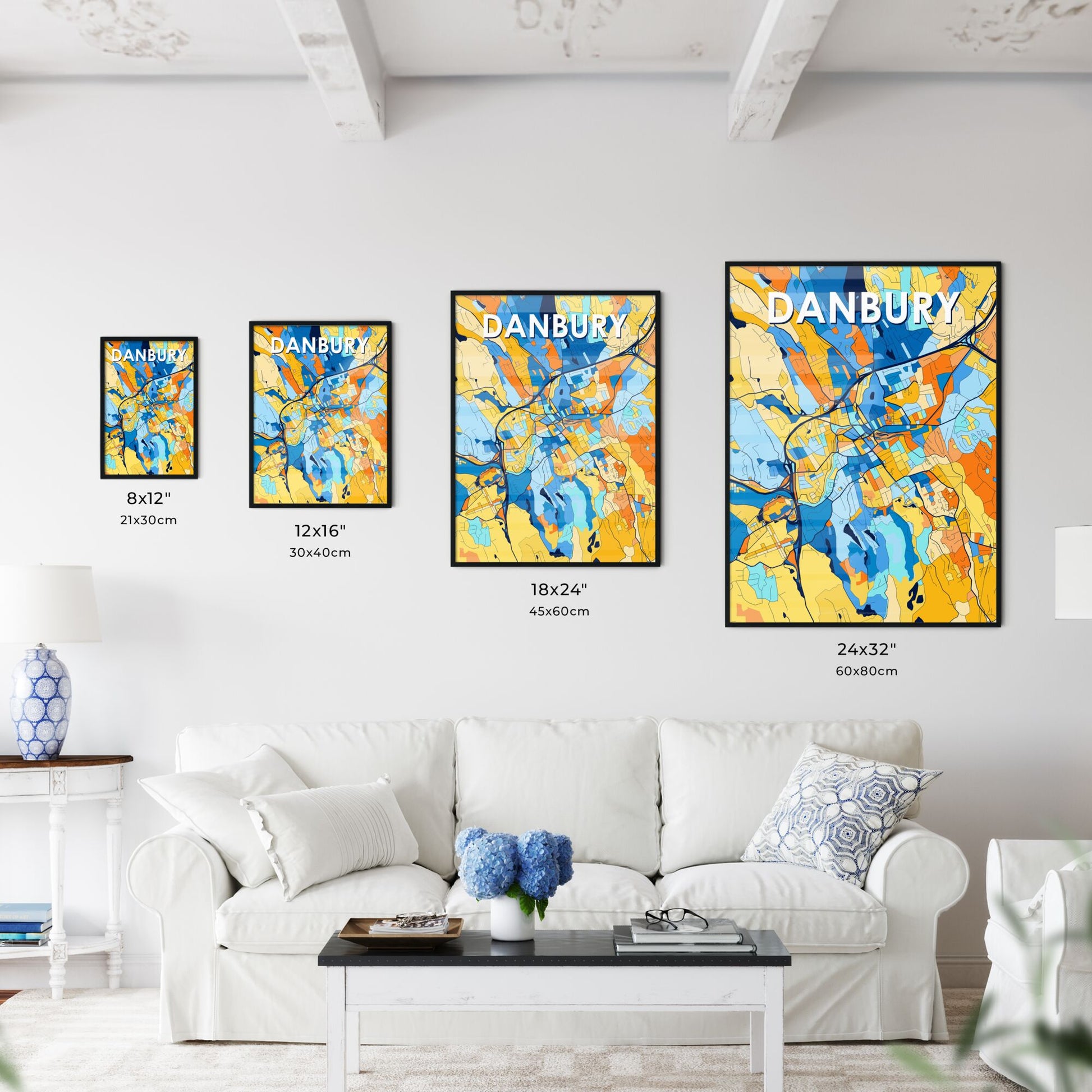 DANBURY CONNECTICUT Vibrant Colorful Art Map Poster Blue Orange