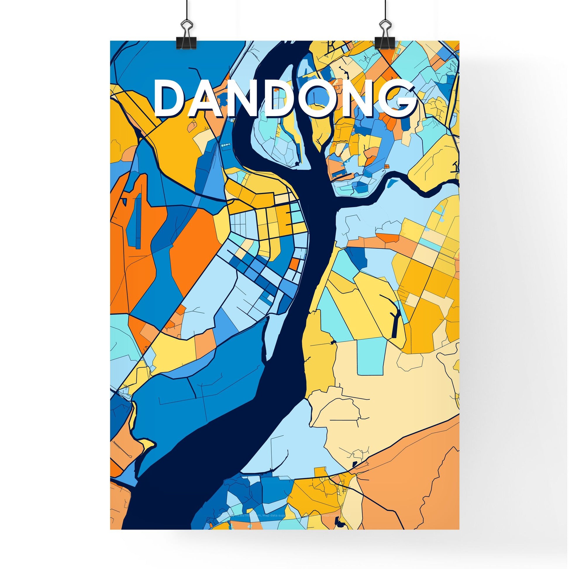 DANDONG CHINA Vibrant Colorful Art Map Poster Blue Orange