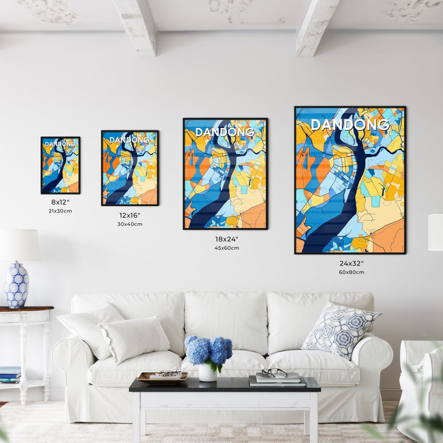 DANDONG CHINA Vibrant Colorful Art Map Poster Blue Orange