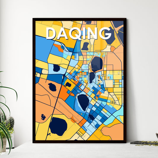 DAQING CHINA Vibrant Colorful Art Map Poster Blue Orange