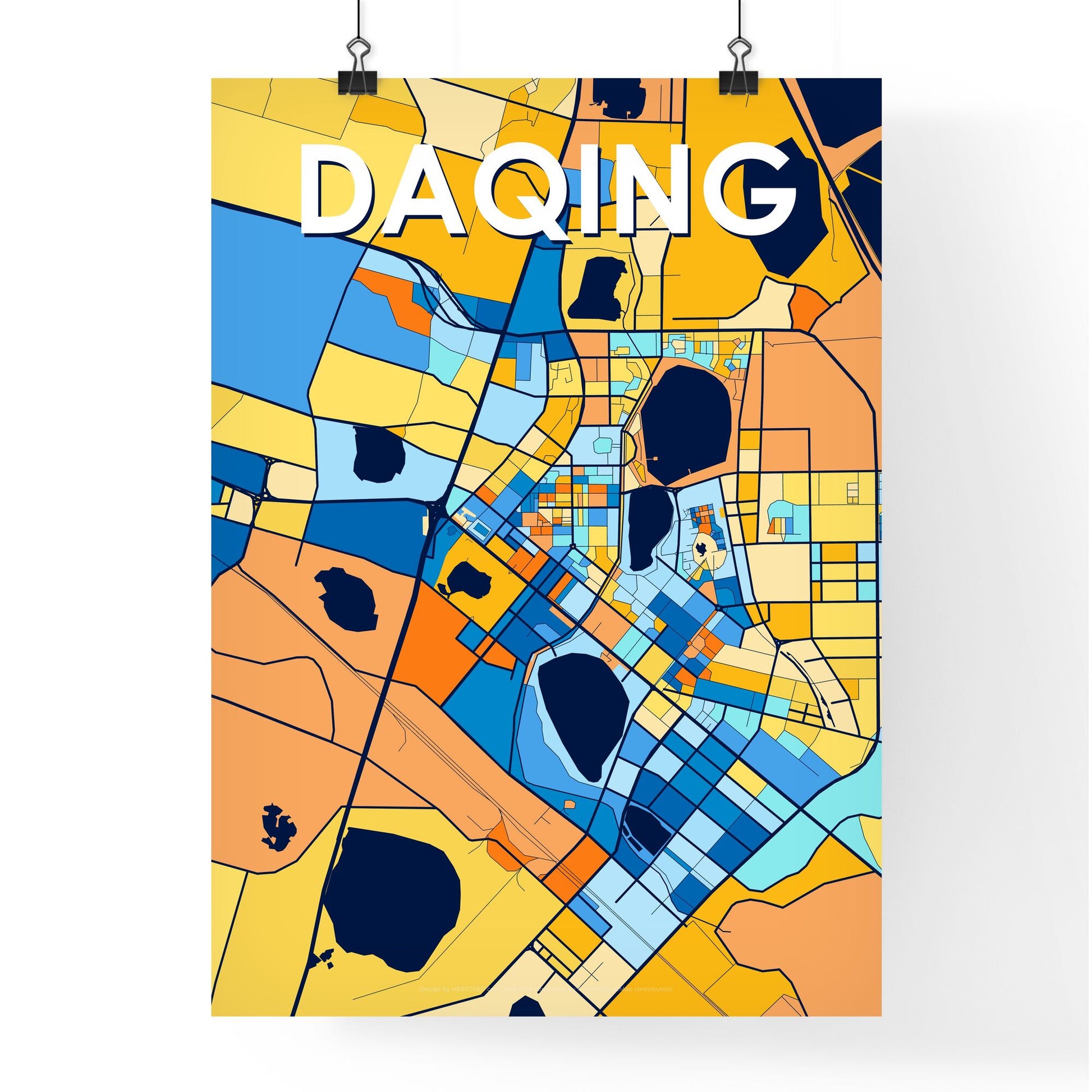 DAQING CHINA Vibrant Colorful Art Map Poster Blue Orange