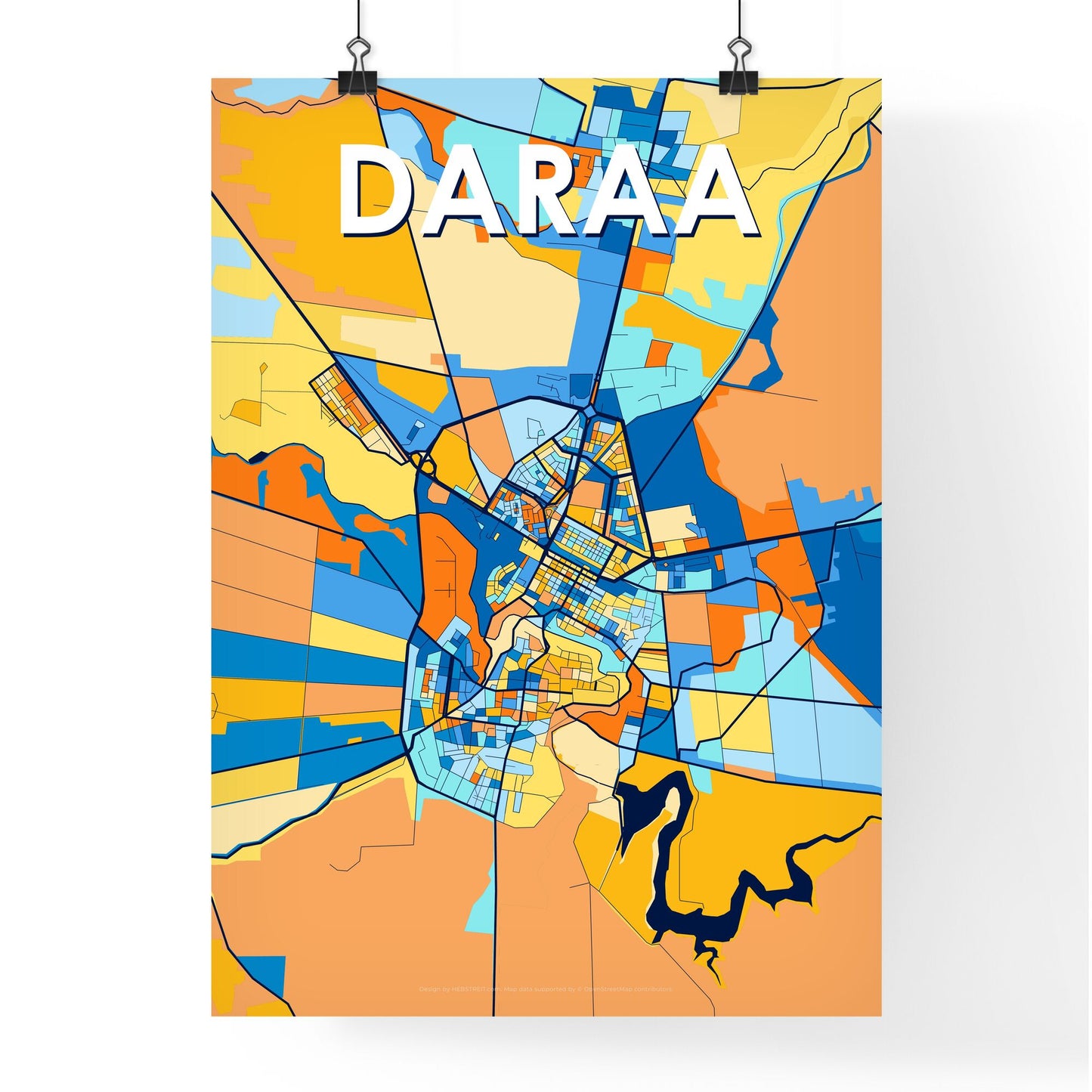 DARAA SYRIA Vibrant Colorful Art Map Poster Blue Orange