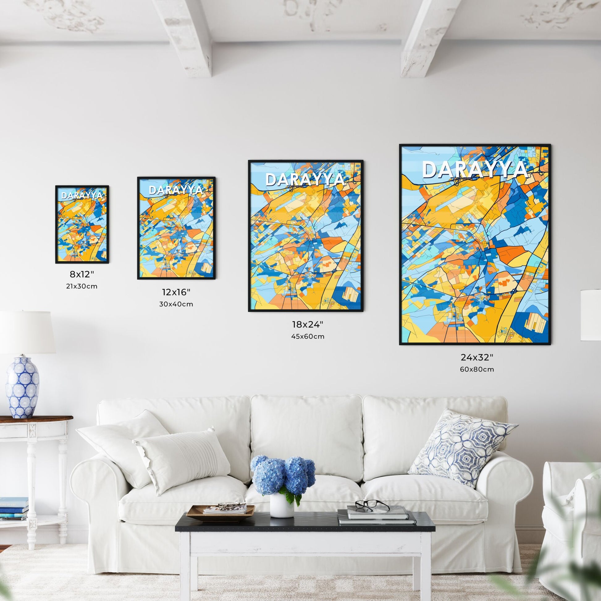 DARAYYA SYRIA Vibrant Colorful Art Map Poster Blue Orange