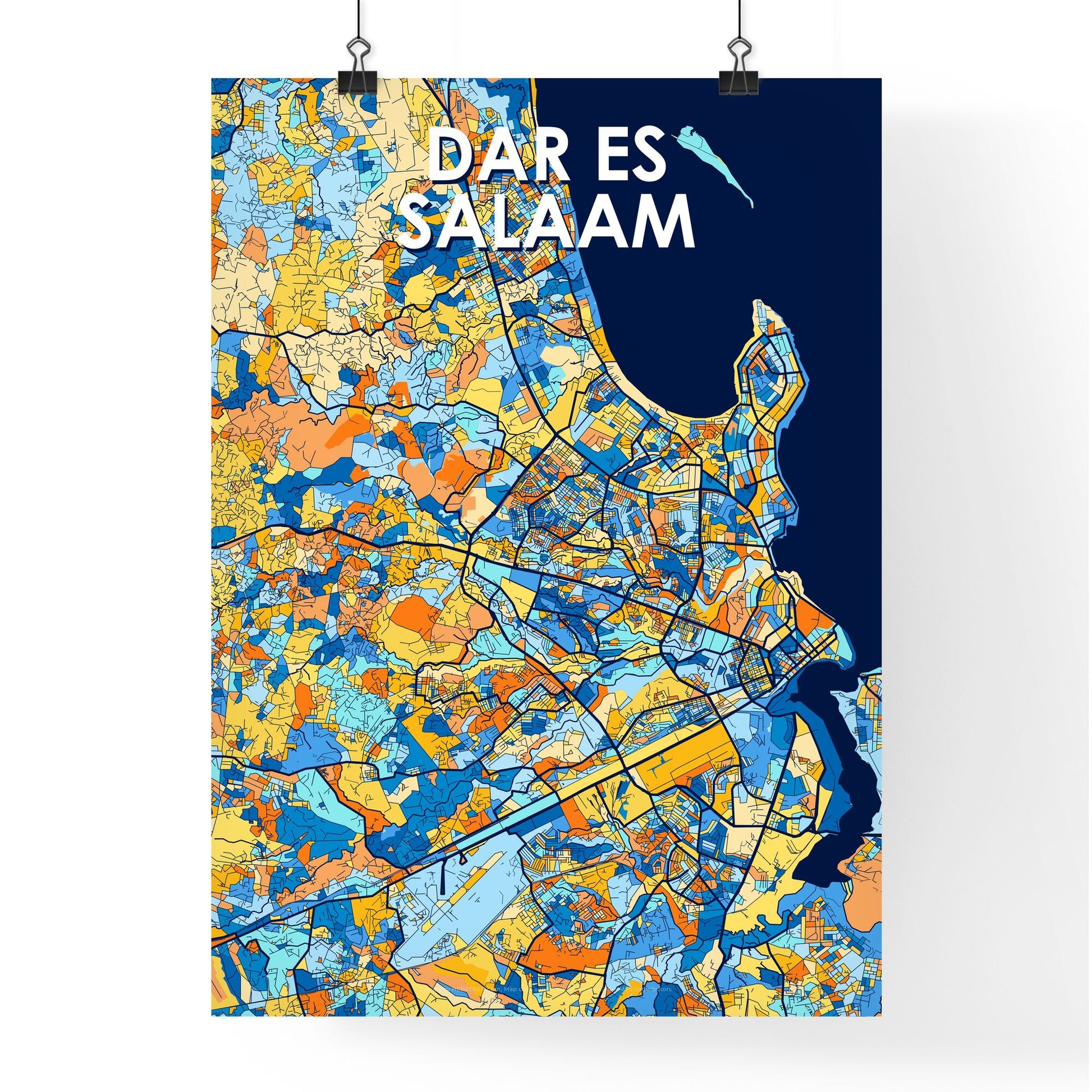 DAR ES SALAAM TANZANIA Vibrant Colorful Art Map Poster Blue Orange