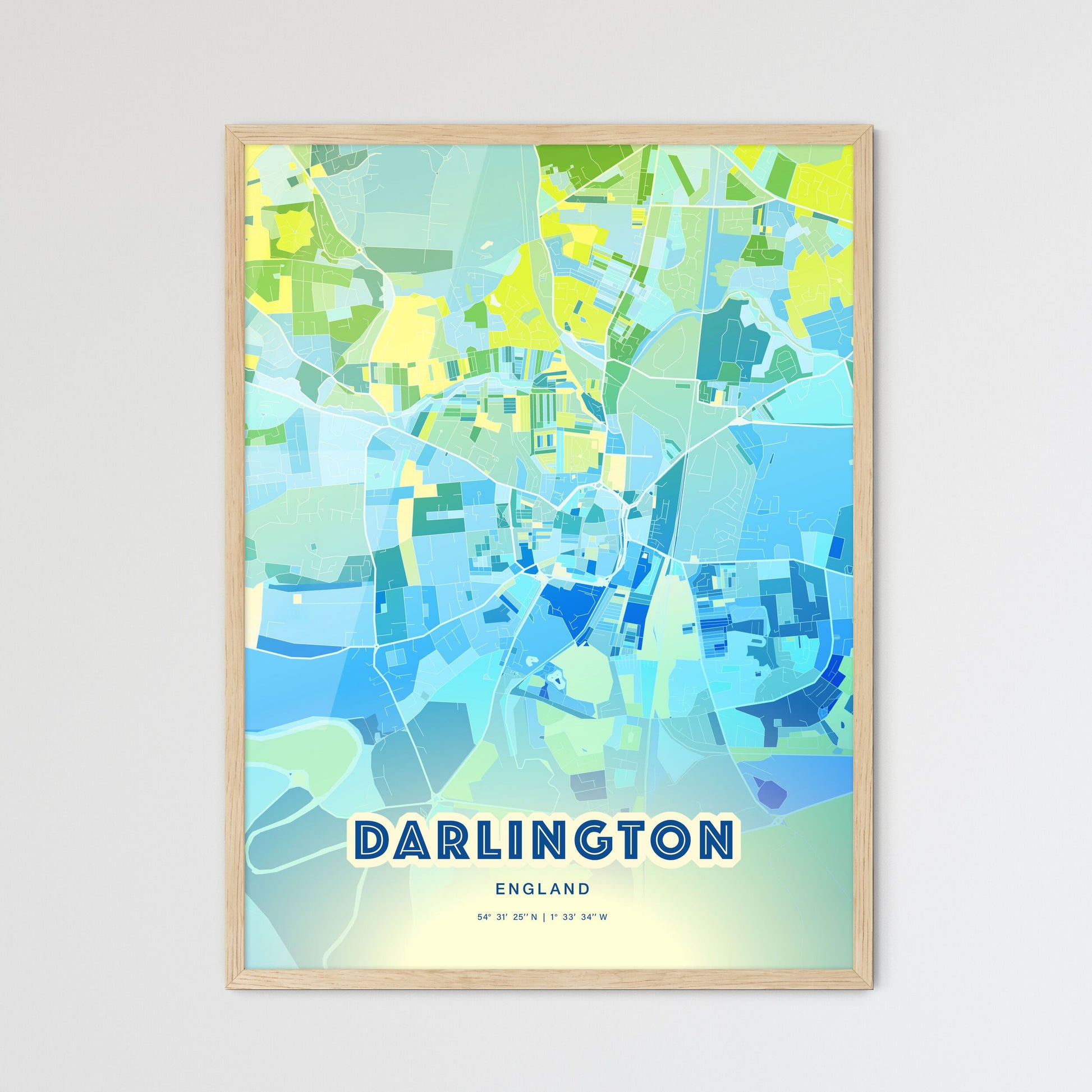 Colorful Darlington England Fine Art Map Cool Blue