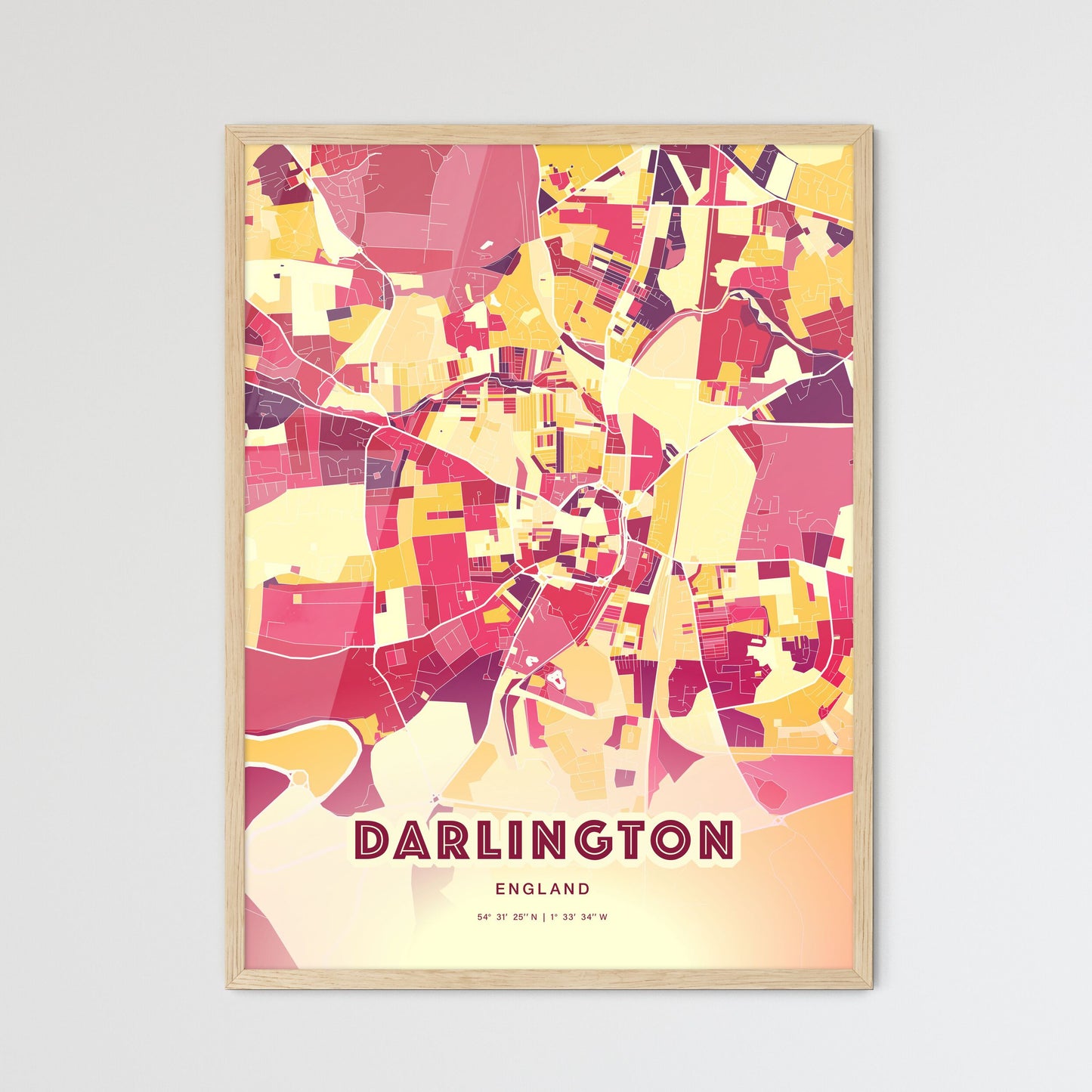 Colorful Darlington England Fine Art Map Hot Red