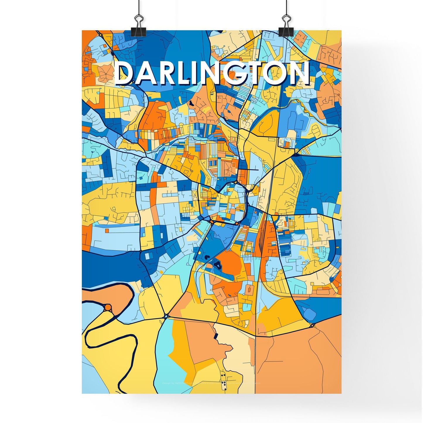 DARLINGTON ENGLAND Vibrant Colorful Art Map Poster Blue Orange