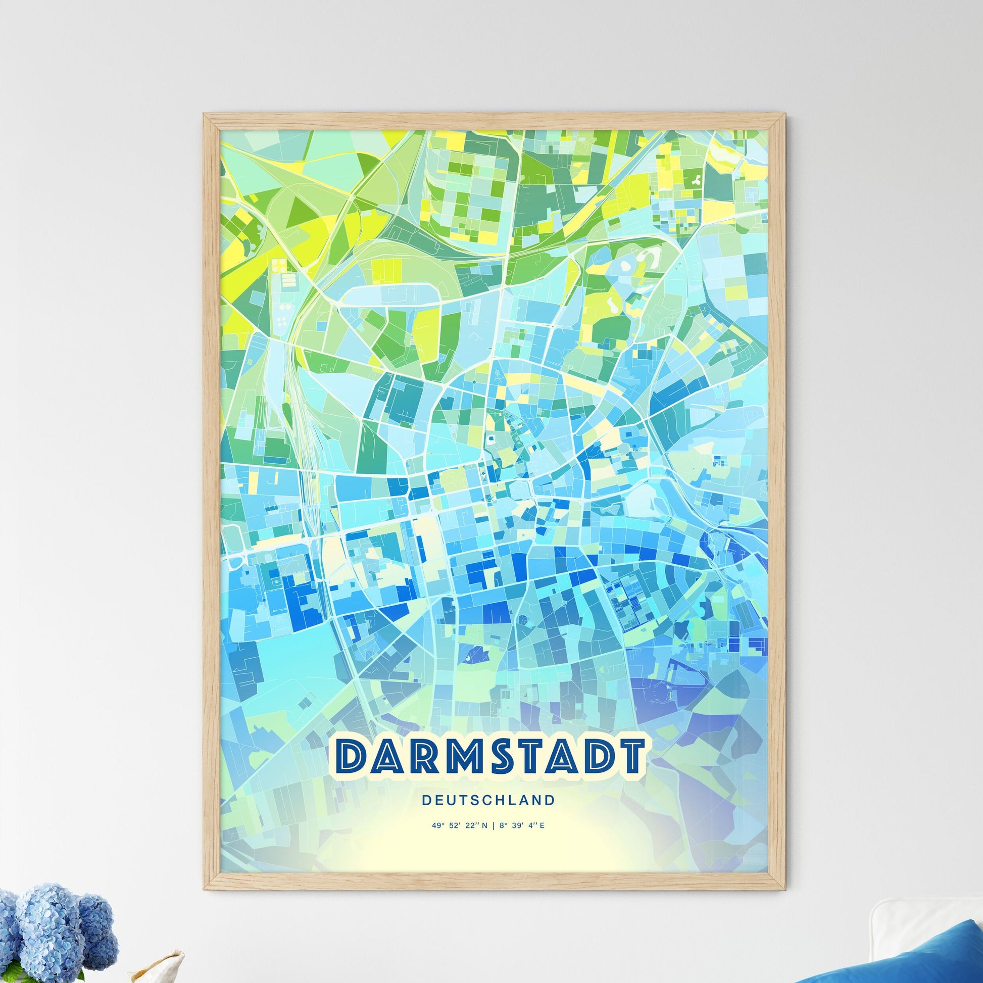 Colorful Darmstadt Germany Fine Art Map Cool Blue