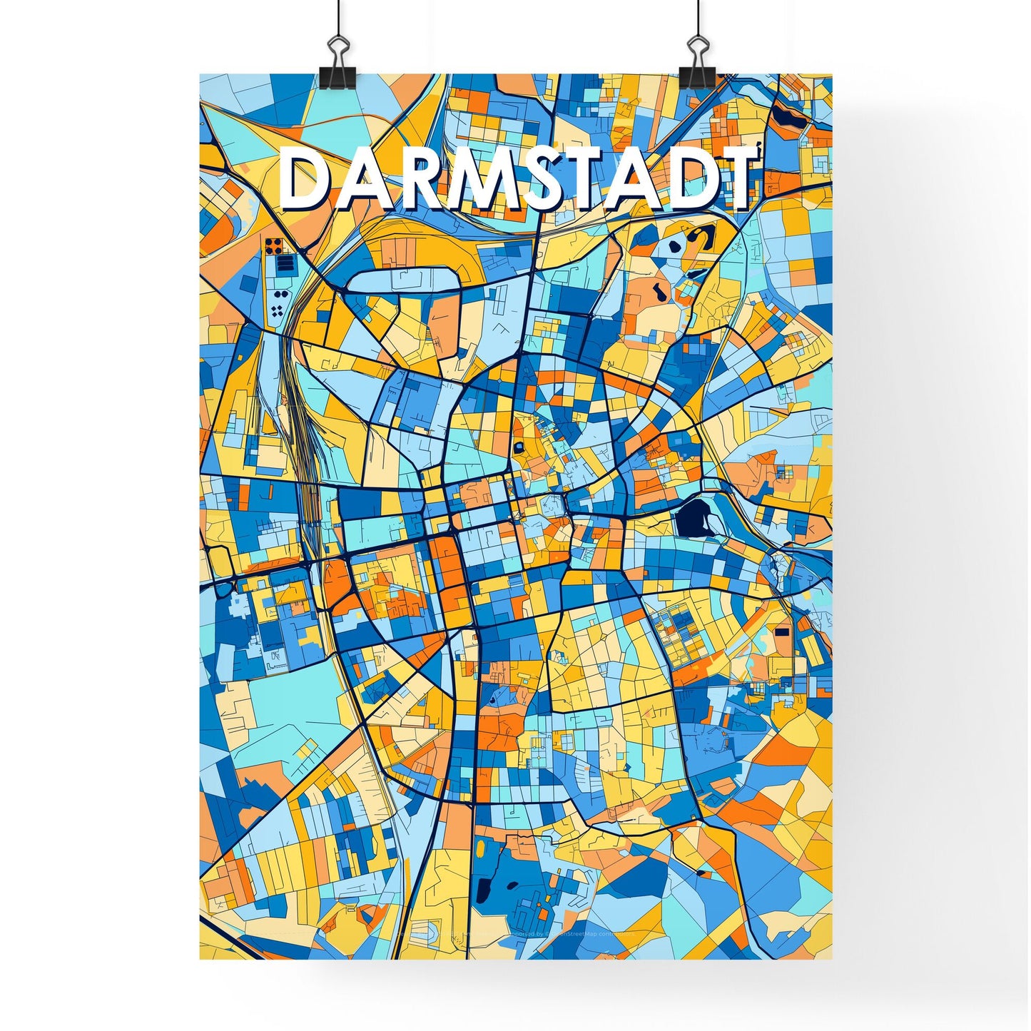 DARMSTADT GERMANY Vibrant Colorful Art Map Poster Blue Orange